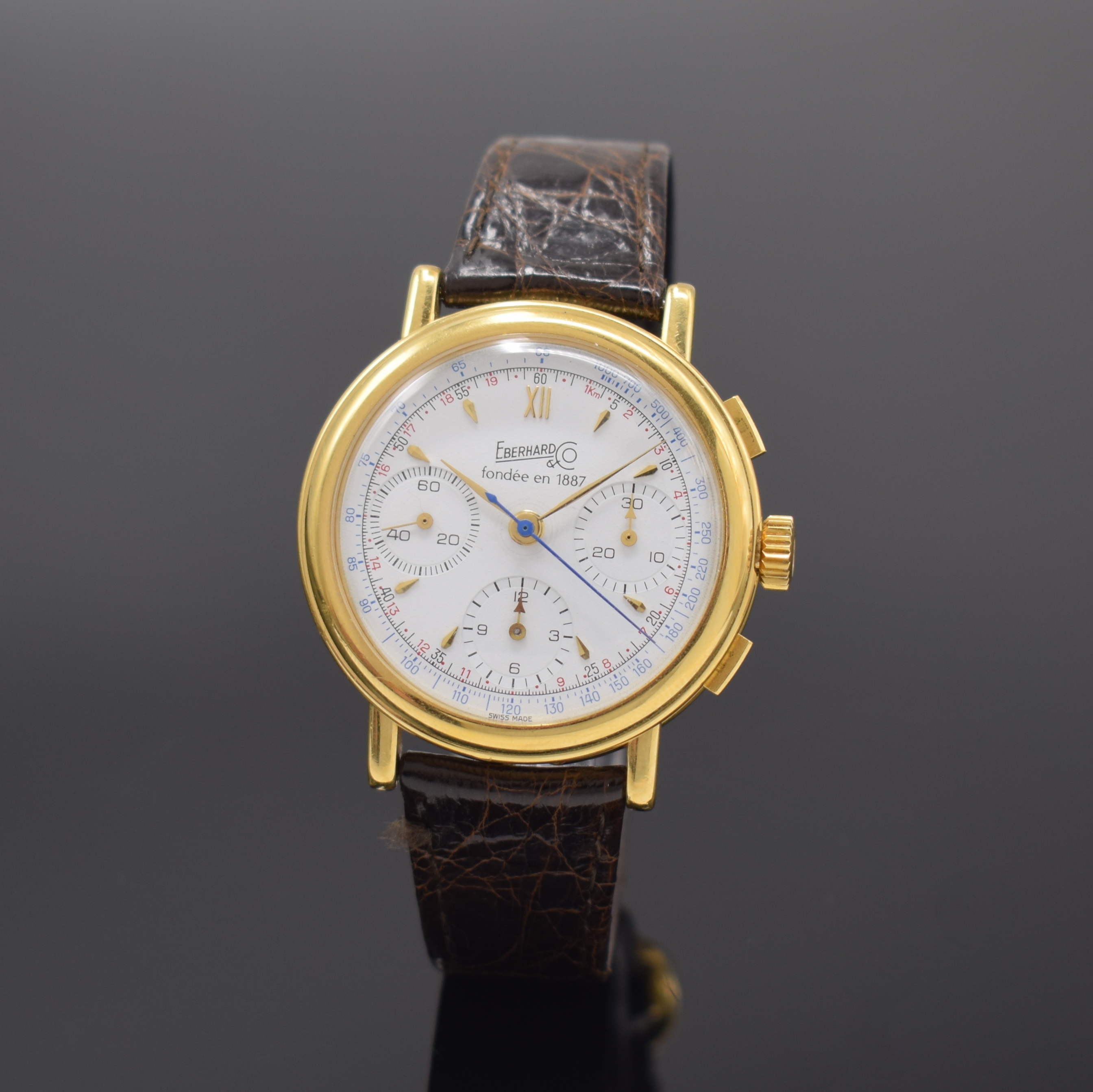 EBERHARD limitierter Jbiläums Schaltradchronograph, Schweiz um 1987, Handaufzug, verg. Geh. m. Münzrand, Boden u. Glasrand aufgedr., weisses ...