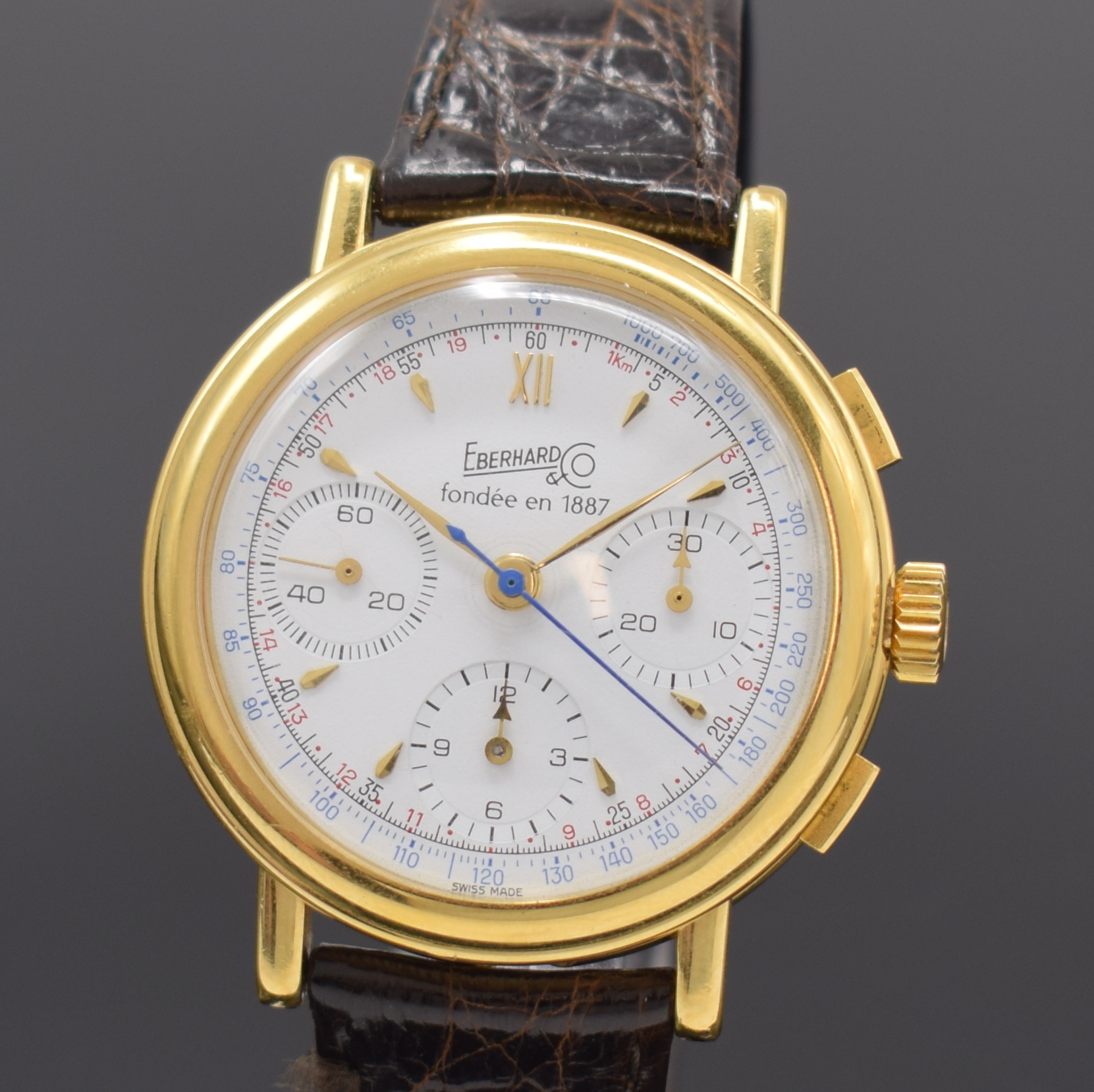 Detail a: EBERHARD limitierter Jbiläums Schaltradchronograph, Schweiz um 1987, Handaufzug, verg. Geh. m. Münzrand, Boden u. Glasrand aufgedr., weisses ...