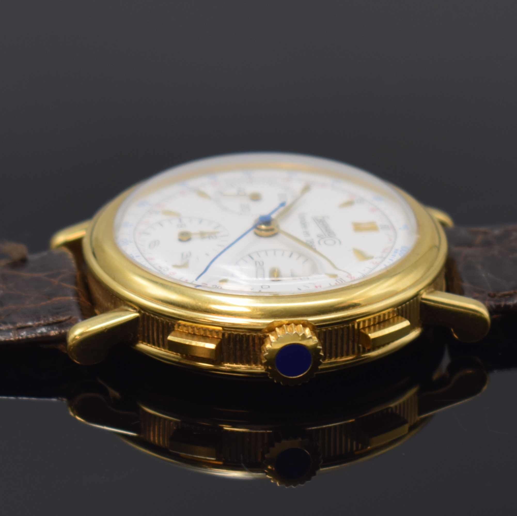 Detail b: EBERHARD limitierter Jbiläums Schaltradchronograph, Schweiz um 1987, Handaufzug, verg. Geh. m. Münzrand, Boden u. Glasrand aufgedr., weisses ...