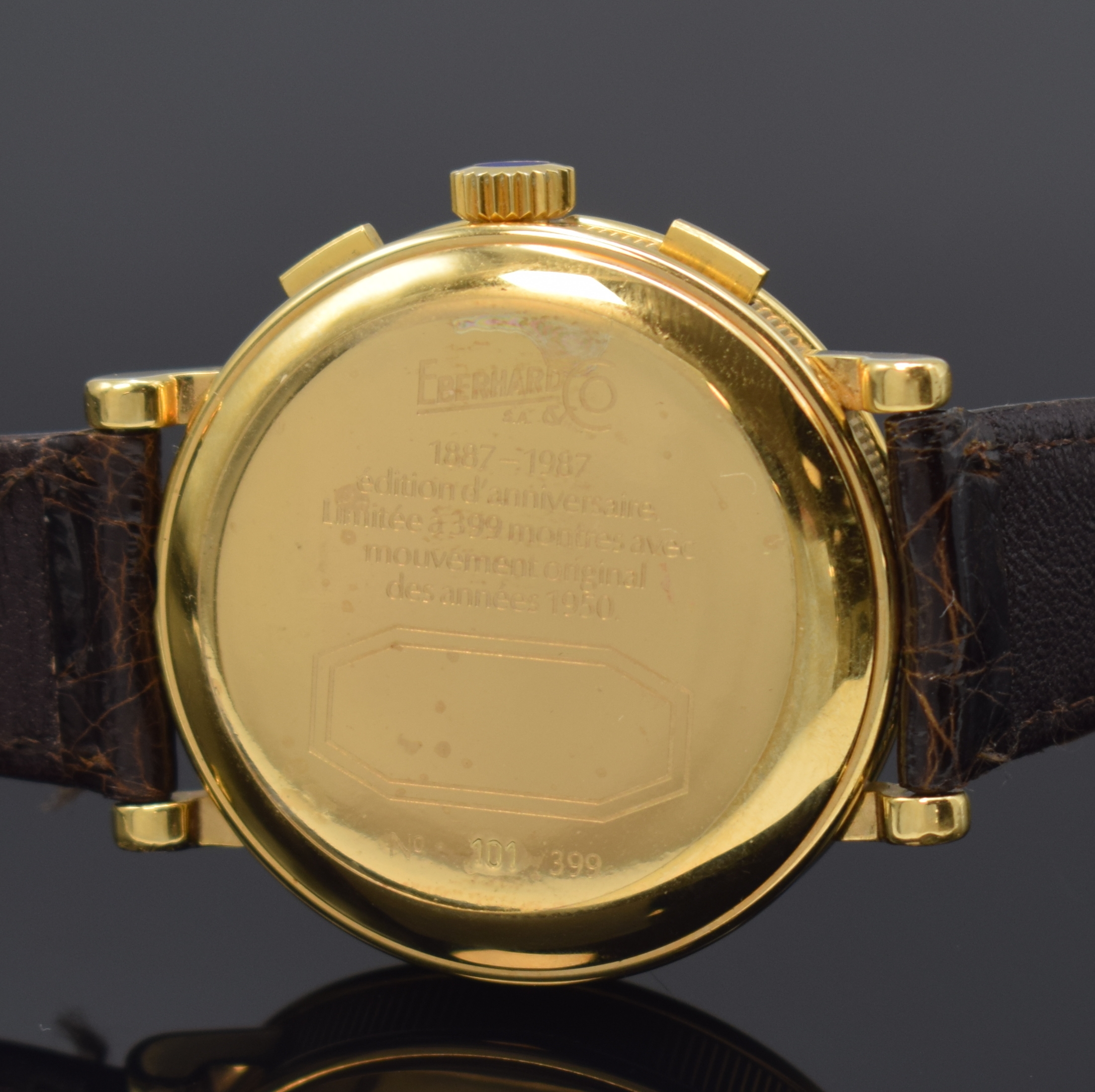 Detail c: EBERHARD limitierter Jbiläums Schaltradchronograph, Schweiz um 1987, Handaufzug, verg. Geh. m. Münzrand, Boden u. Glasrand aufgedr., weisses ...