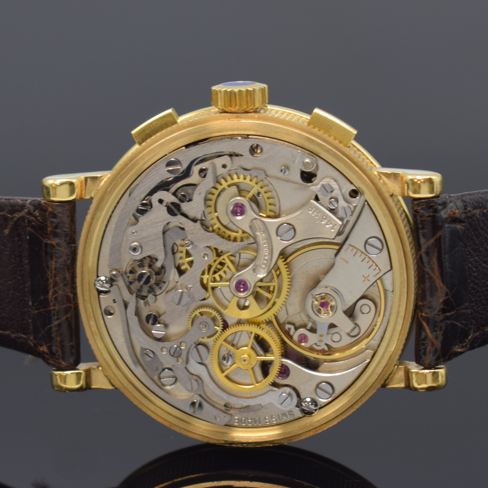 Detail d: EBERHARD limitierter Jbiläums Schaltradchronograph, Schweiz um 1987, Handaufzug, verg. Geh. m. Münzrand, Boden u. Glasrand aufgedr., weisses ...