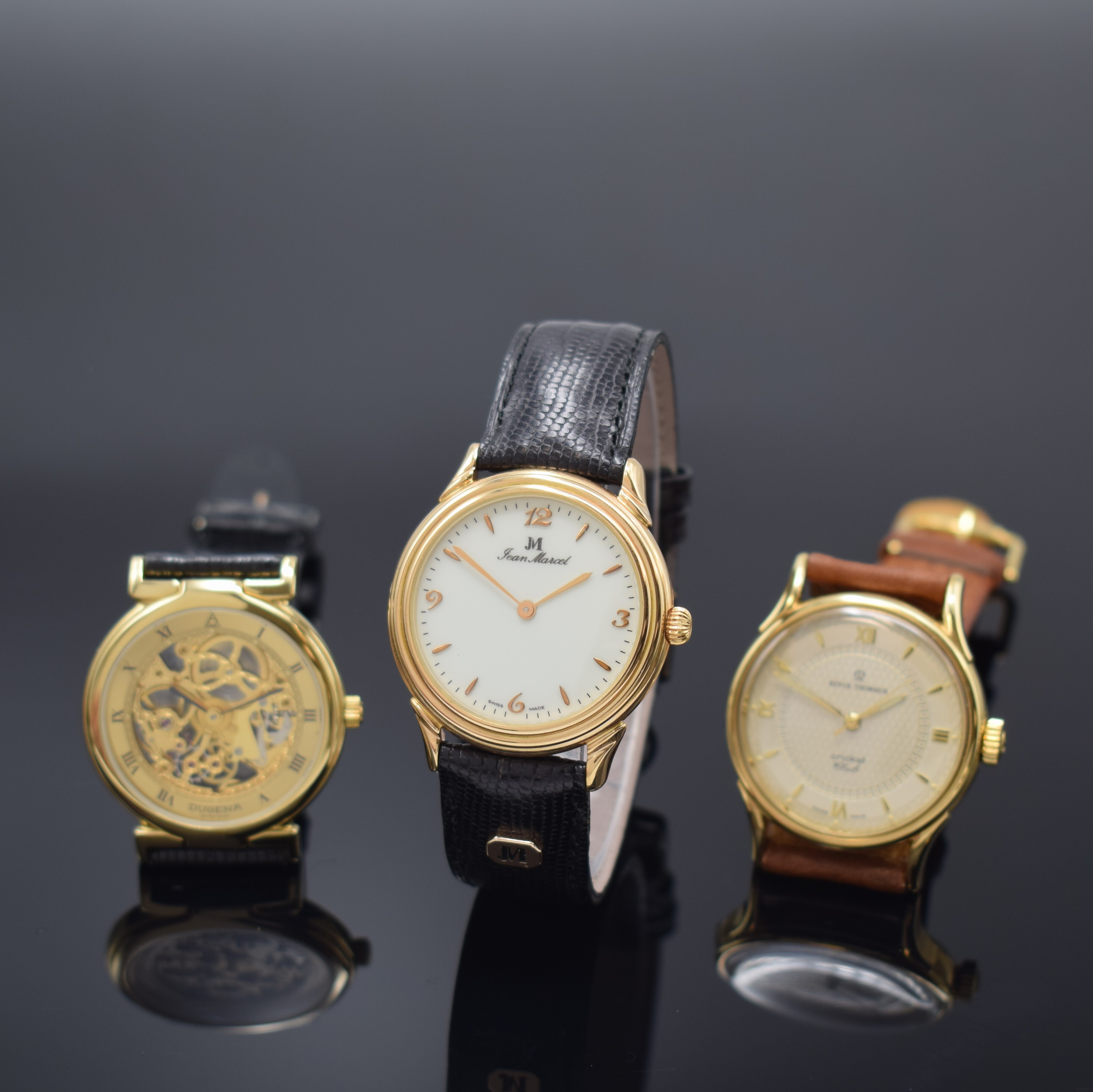 Konvolut 3 Armbanduhren, alle Handaufzug, alle Schweiz 1990er Jahre, 1.)x Jean Marcel in RG 750/000, beids. vergl., Boden 6-fach verschr., orig. ...