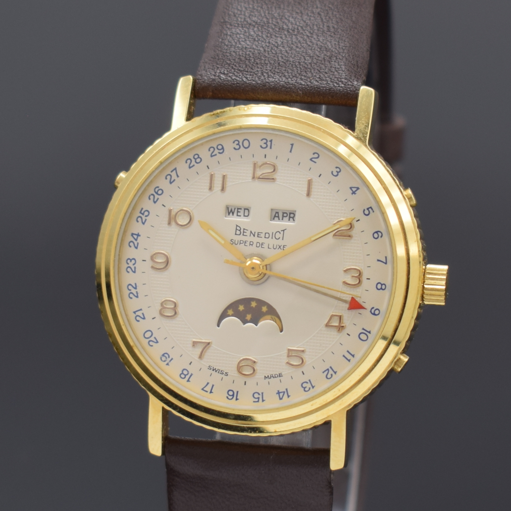 Detail a: BENEDICT Super De Luxe Herrenarmbanduhr mit Vollkalender inklusive Mondphase, Schweiz um 1990, Handaufzug, verg. Geh., Münzrand, beids. vergl., ...