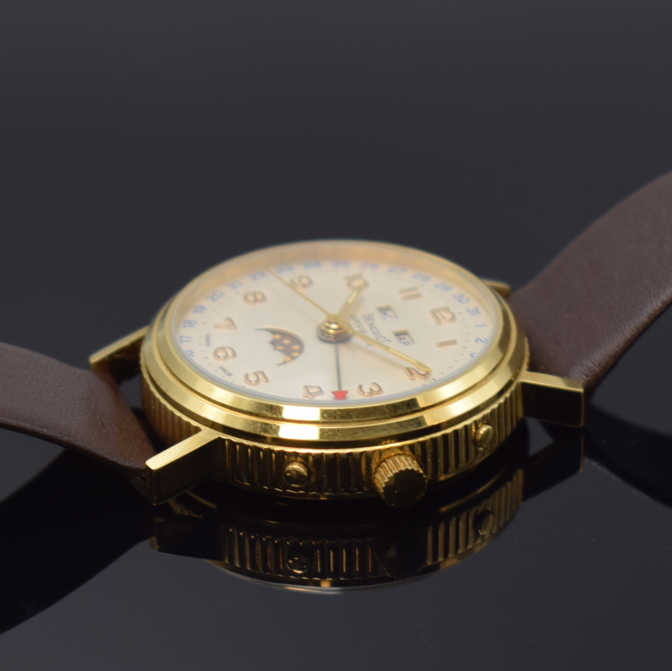 Detail b: BENEDICT Super De Luxe Herrenarmbanduhr mit Vollkalender inklusive Mondphase, Schweiz um 1990, Handaufzug, verg. Geh., Münzrand, beids. vergl., ...