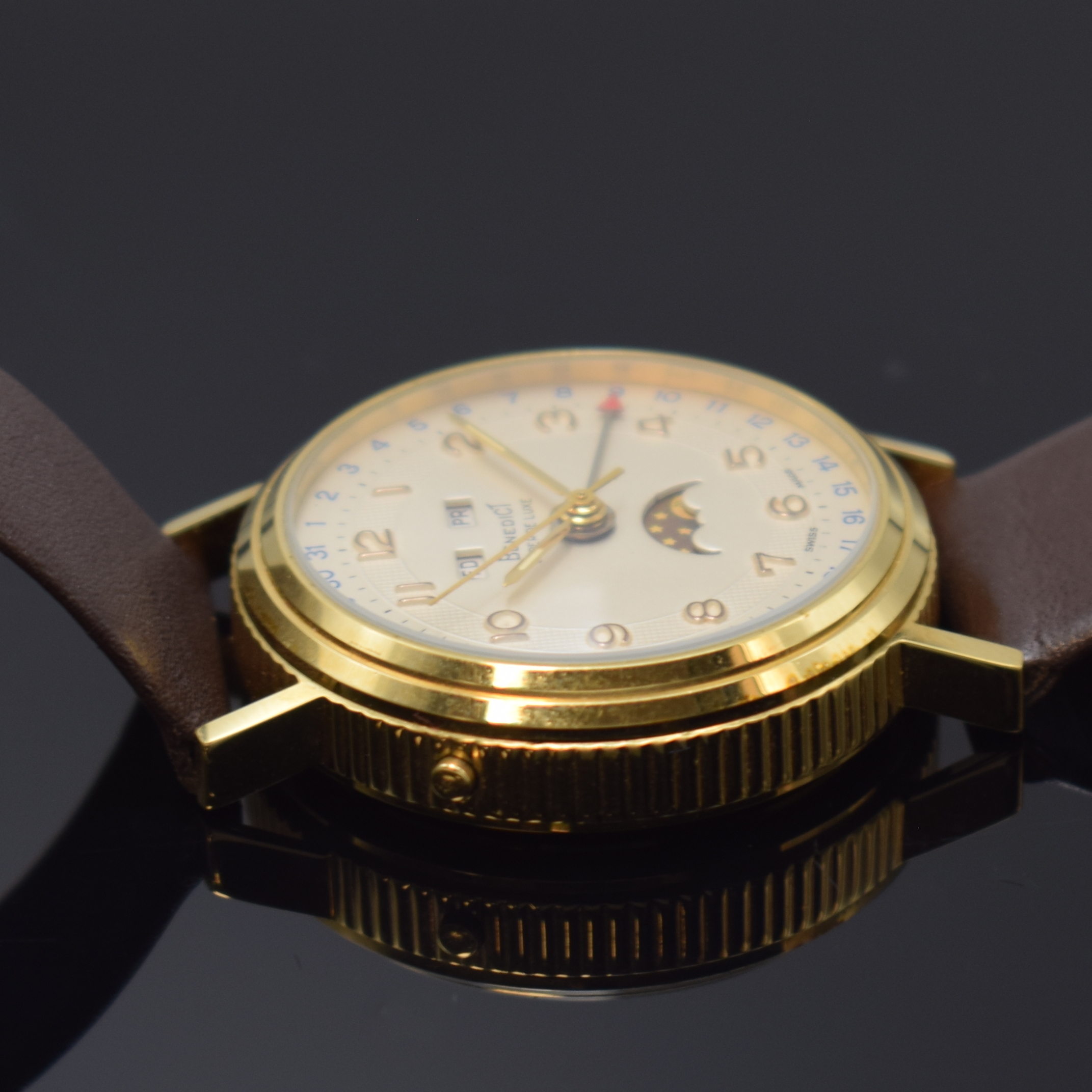 Detail c: BENEDICT Super De Luxe Herrenarmbanduhr mit Vollkalender inklusive Mondphase, Schweiz um 1990, Handaufzug, verg. Geh., Münzrand, beids. vergl., ...