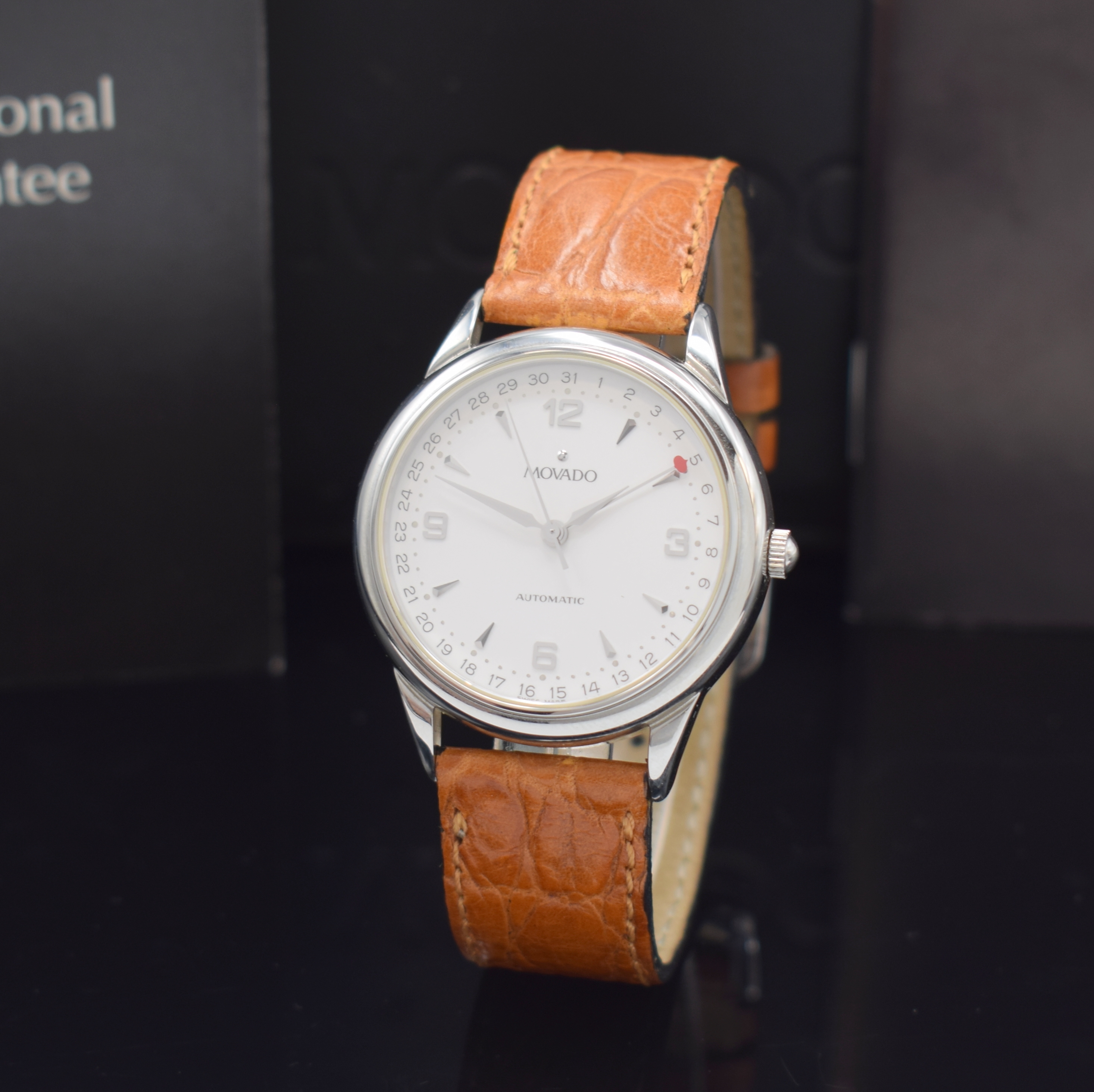 MOVADO Armbanduhr Referenz 84-D6-884, Automatik, Edelstahlgeh. inkl. orig. Lederband m. orig. Dornschl., Boden aufgedr., matt. silb. Zifferbl. m. ...