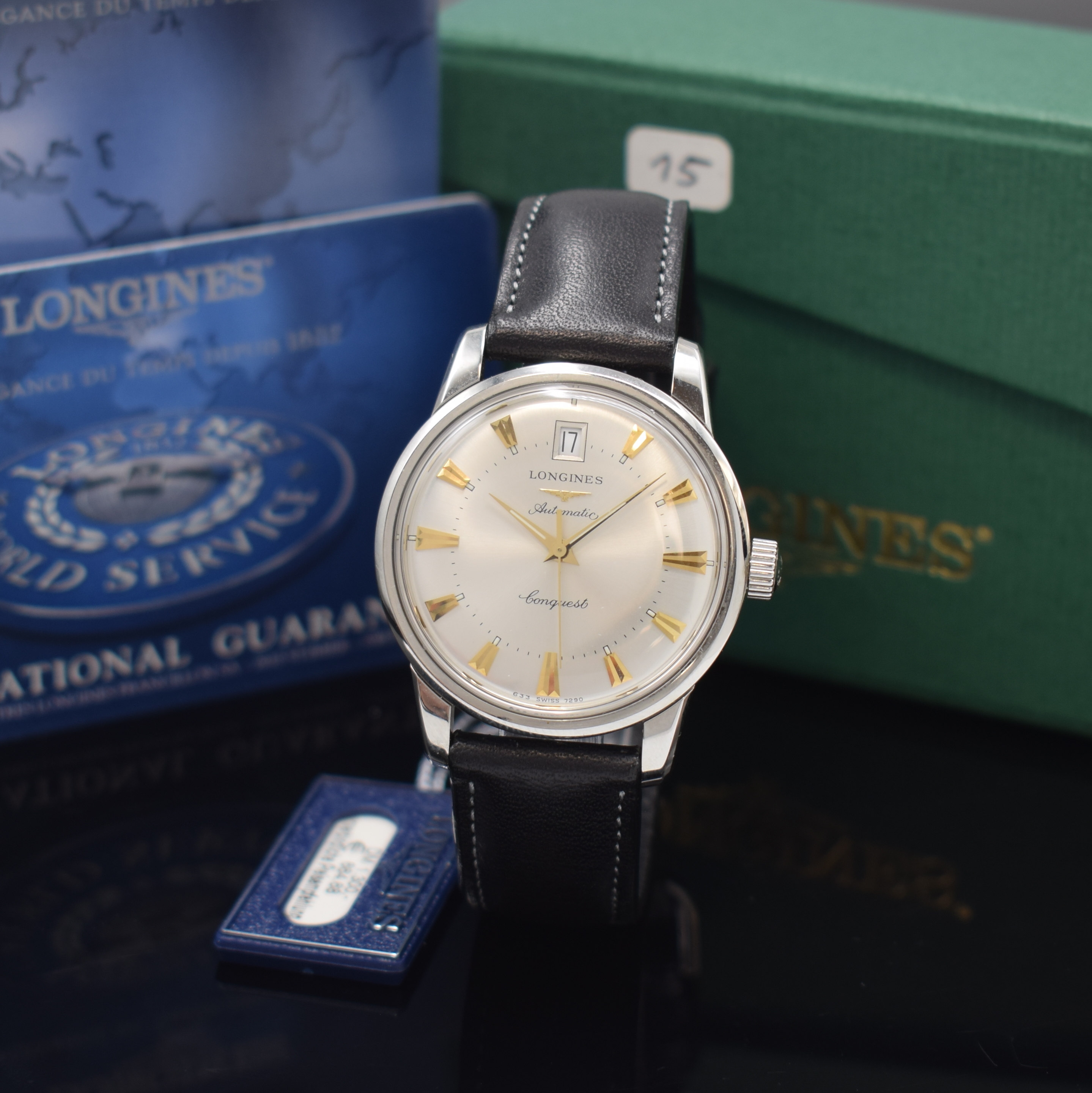 LONGINES Conquest Herrenarmbanduhr Referenz L1.611.4, Automatik, Edelstahlgeh. inkl. orig. Lederband m. orig. Dornschl., Boden m. email. Goldplakette ...