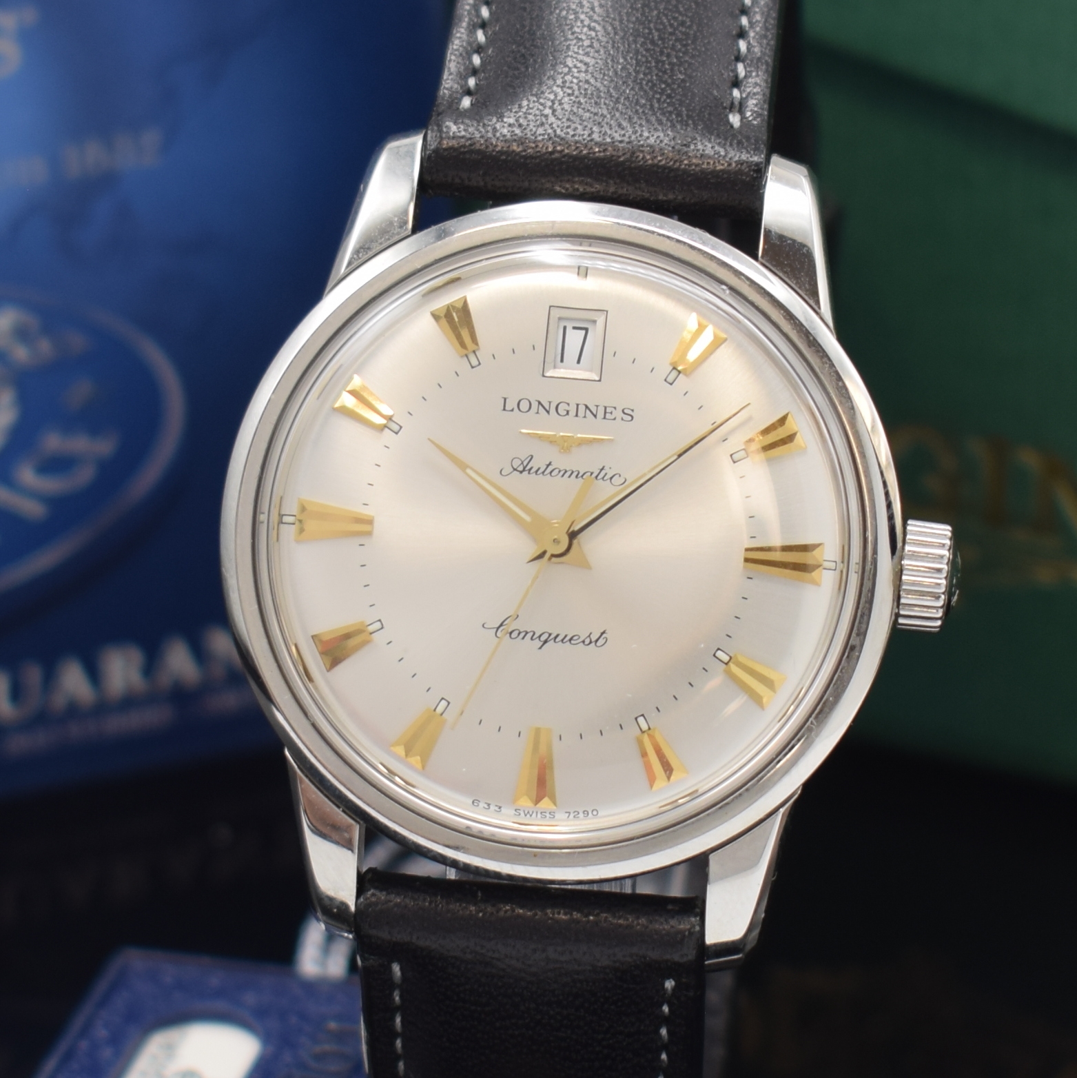 Detail a: LONGINES Conquest Herrenarmbanduhr Referenz L1.611.4, Automatik, Edelstahlgeh. inkl. orig. Lederband m. orig. Dornschl., Boden m. email. Goldplakette ...