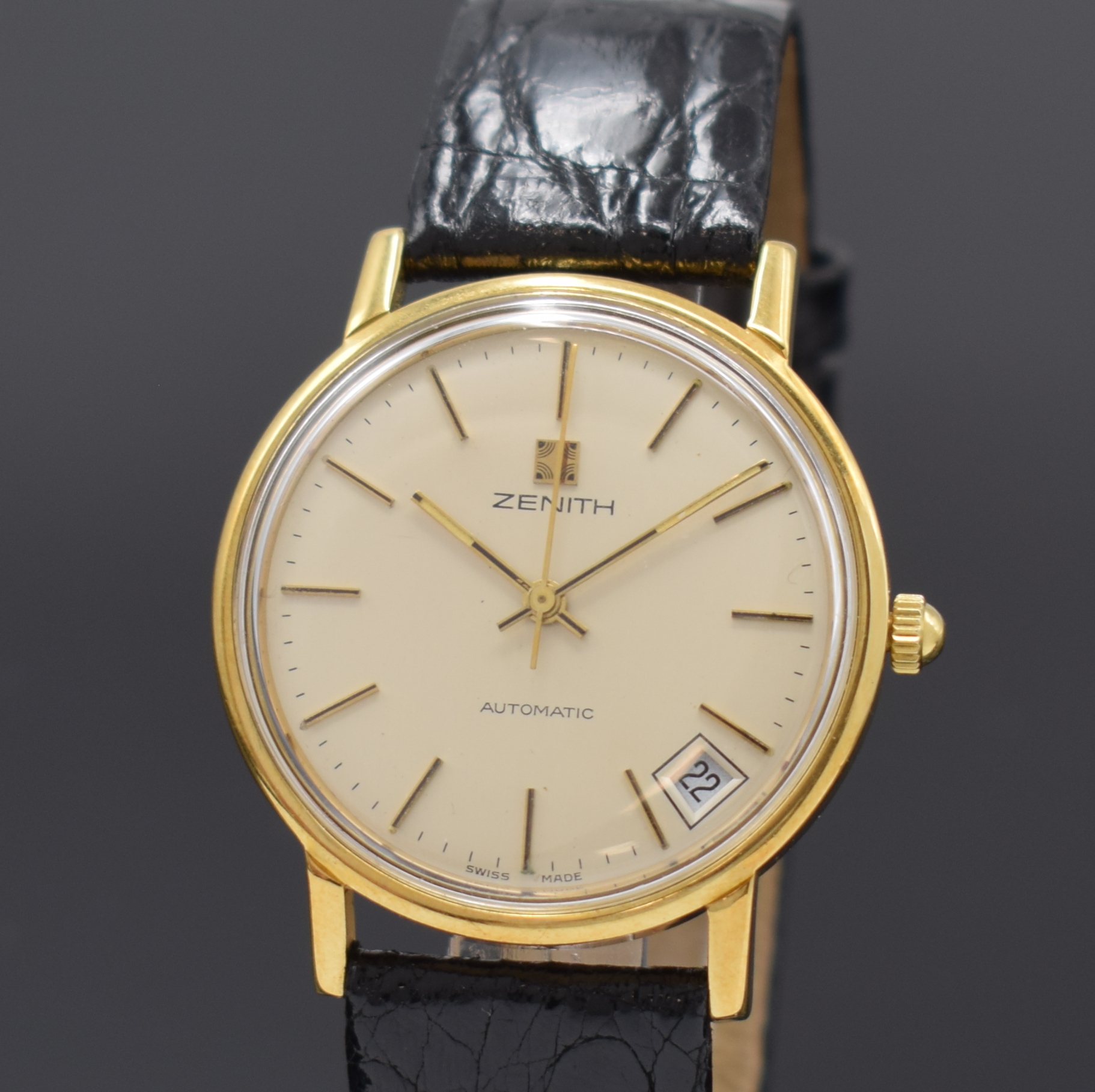 Detail a: ZENITH Herrenarmbanduhr in GG 750/000 Referenz 30.0320.380, Automatik, Schweiz um 1970, Einschalengeh., silb. Zifferbl. m. aufgel. Indizes, Anz. v. ...
