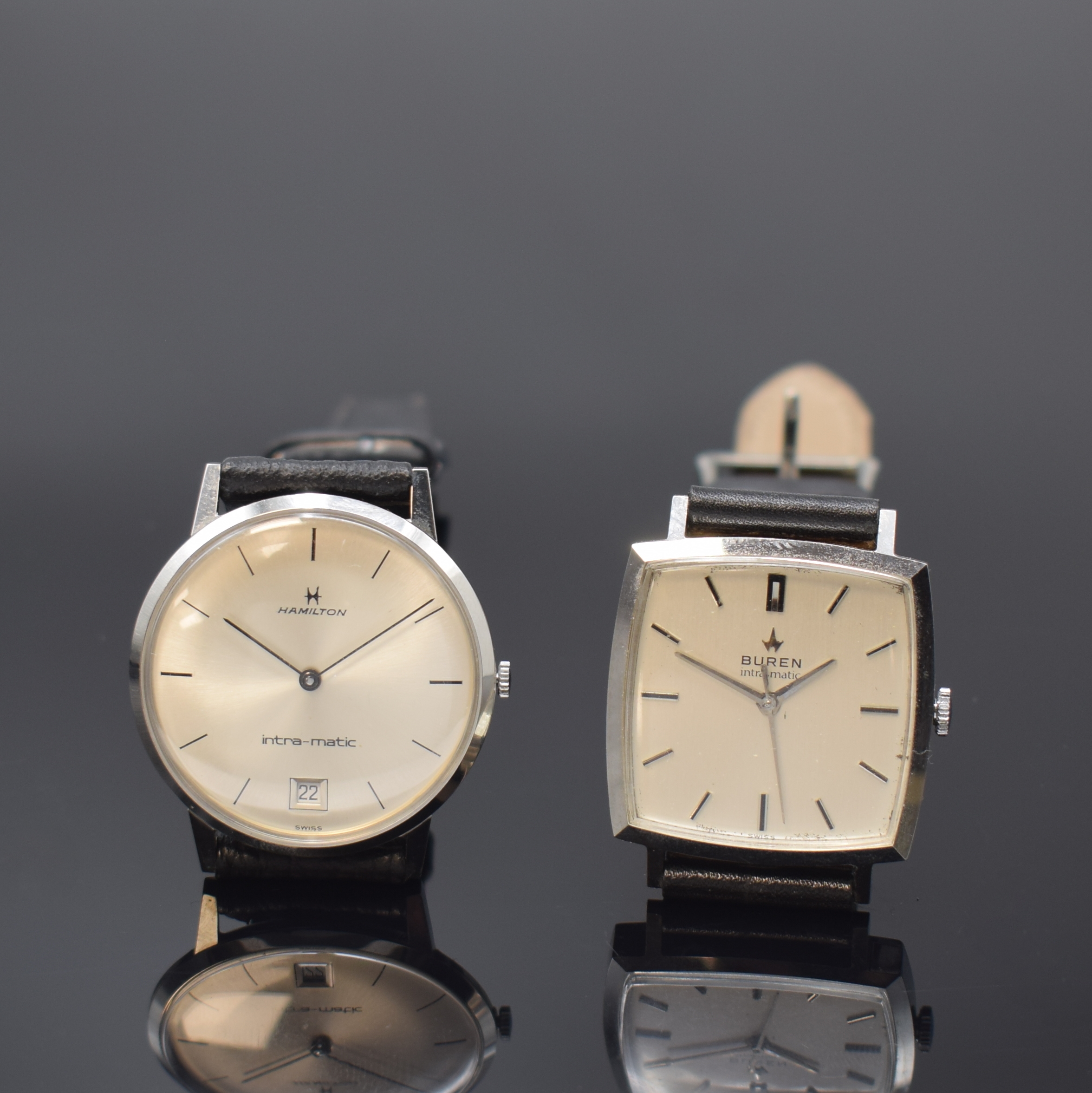 INTRA-MATIC 2 Armbanduhren von Hamilton und Buren in Stahl, Schweiz um 1965, Automatik, 1.) HAMILTON, 3-tlg. Geh., Boden u. Glasrand aufgedr., silb. ...