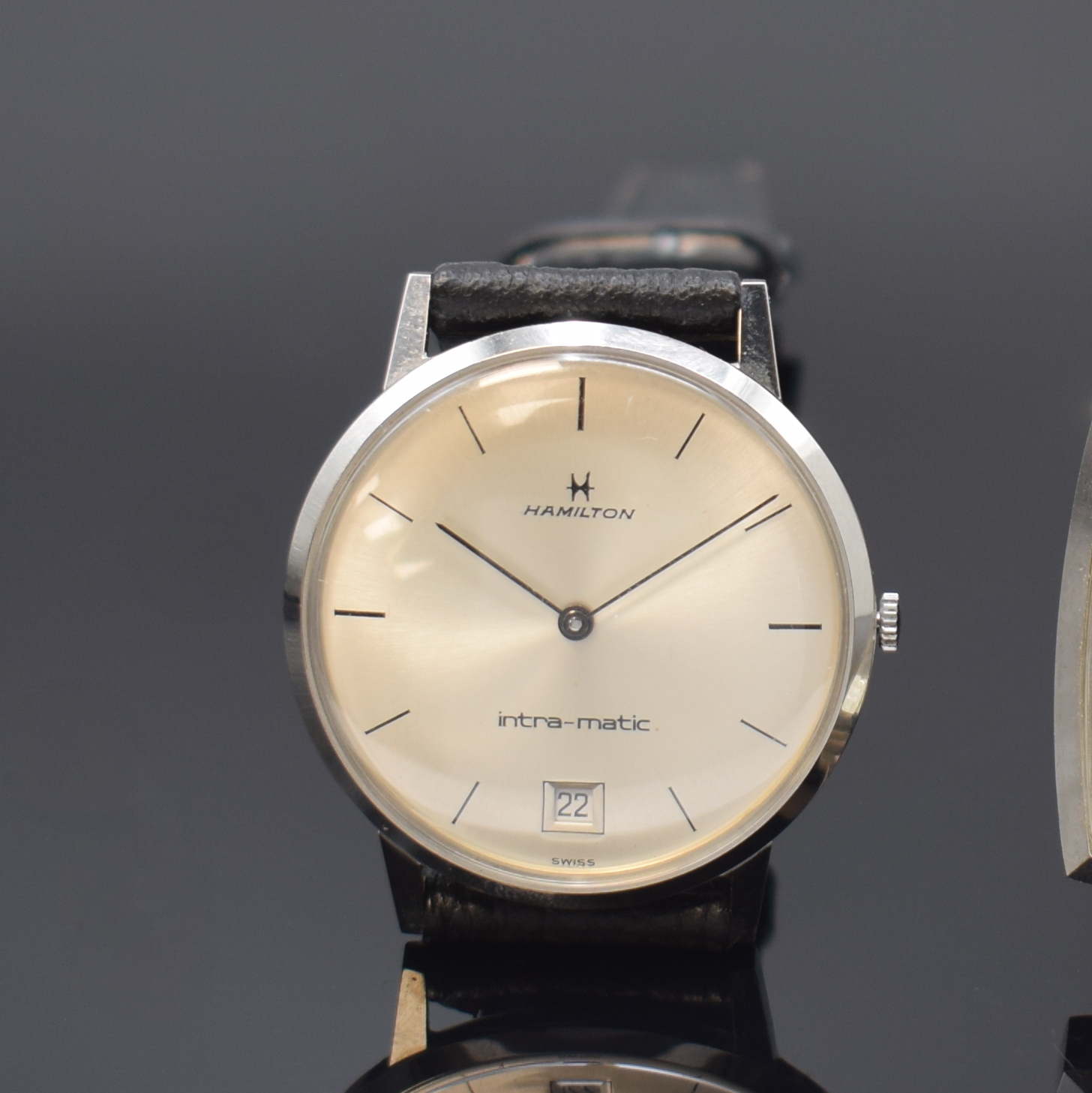 Detail a: INTRA-MATIC 2 Armbanduhren von Hamilton und Buren in Stahl, Schweiz um 1965, Automatik, 1.) HAMILTON, 3-tlg. Geh., Boden u. Glasrand aufgedr., silb. ...