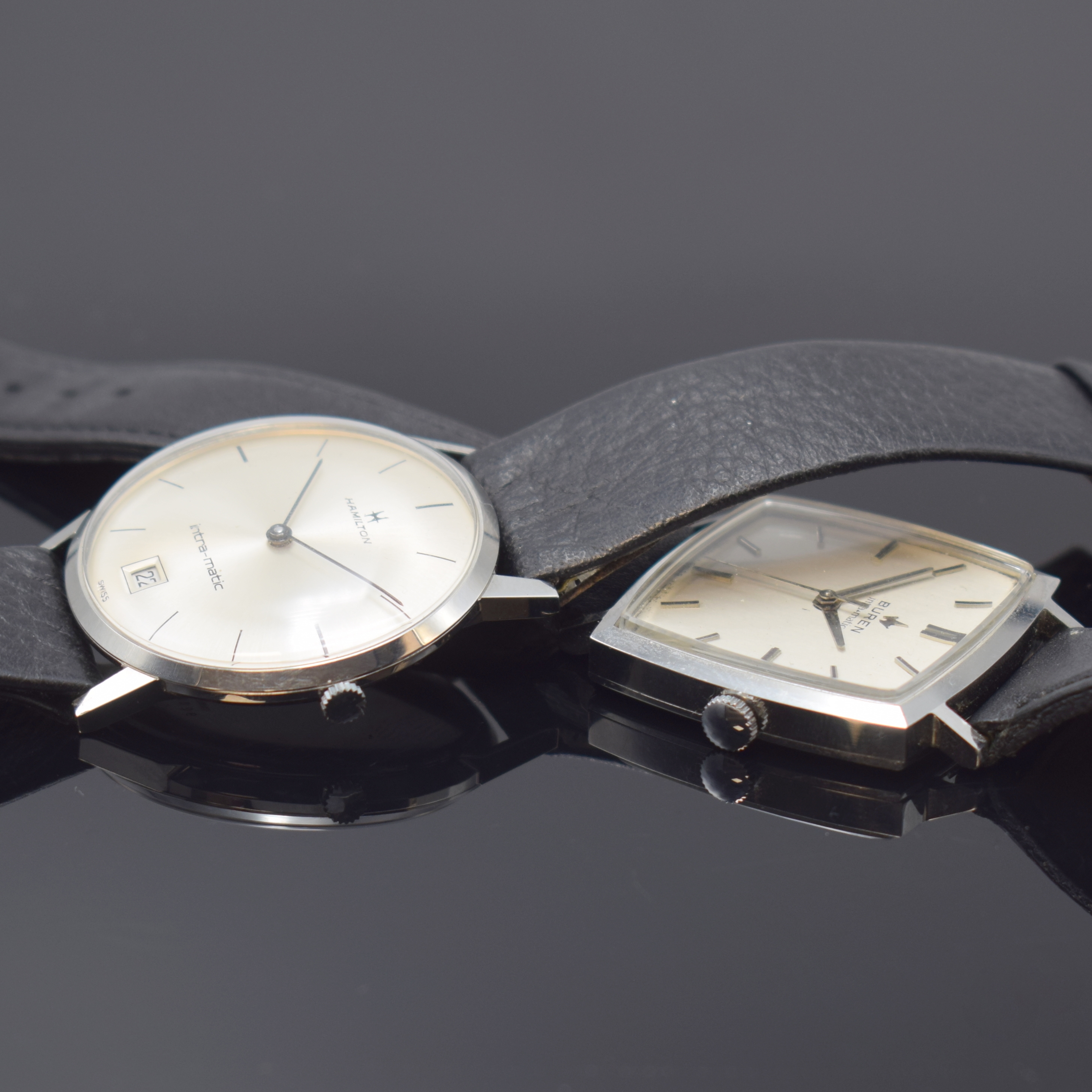 Detail c: INTRA-MATIC 2 Armbanduhren von Hamilton und Buren in Stahl, Schweiz um 1965, Automatik, 1.) HAMILTON, 3-tlg. Geh., Boden u. Glasrand aufgedr., silb. ...