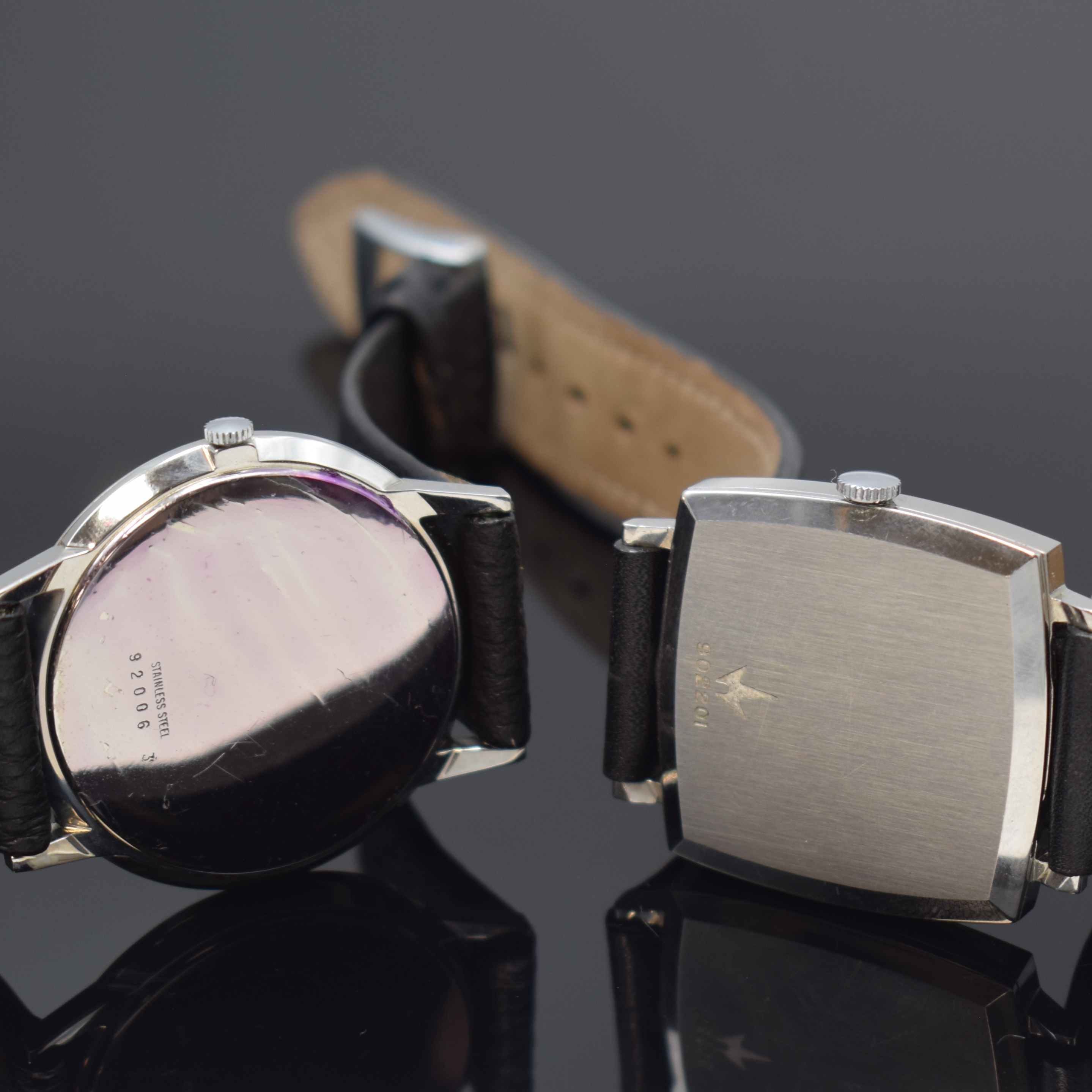 Detail d: INTRA-MATIC 2 Armbanduhren von Hamilton und Buren in Stahl, Schweiz um 1965, Automatik, 1.) HAMILTON, 3-tlg. Geh., Boden u. Glasrand aufgedr., silb. ...
