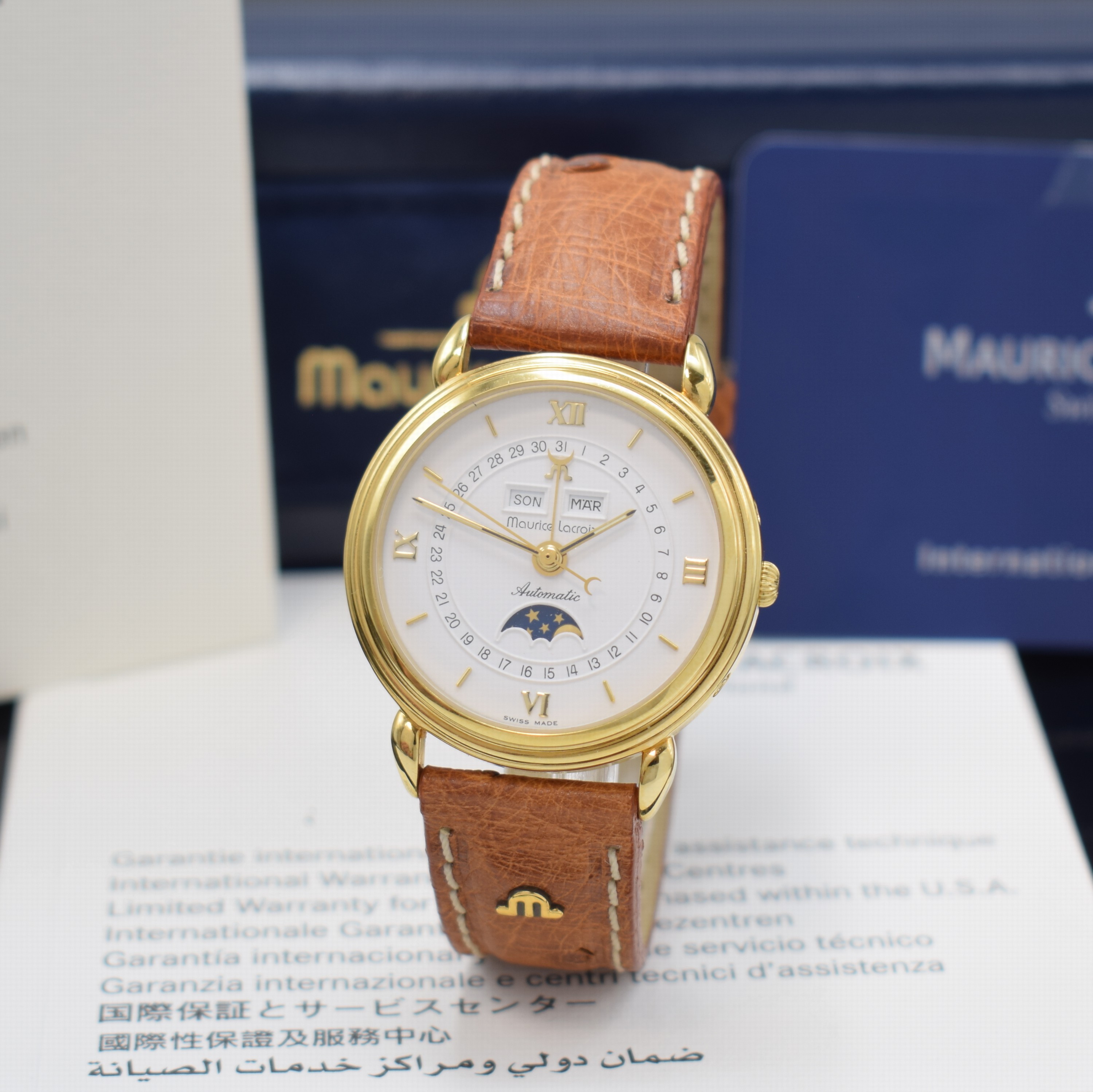 MAURICE LACROIX Armbanduhr mit Vollkalender und Mondphase, Schweiz lt. orig. Pap. verk. 2000, Automatik, verg., beids. vergl. Geh., Boden u. Glasrand ...