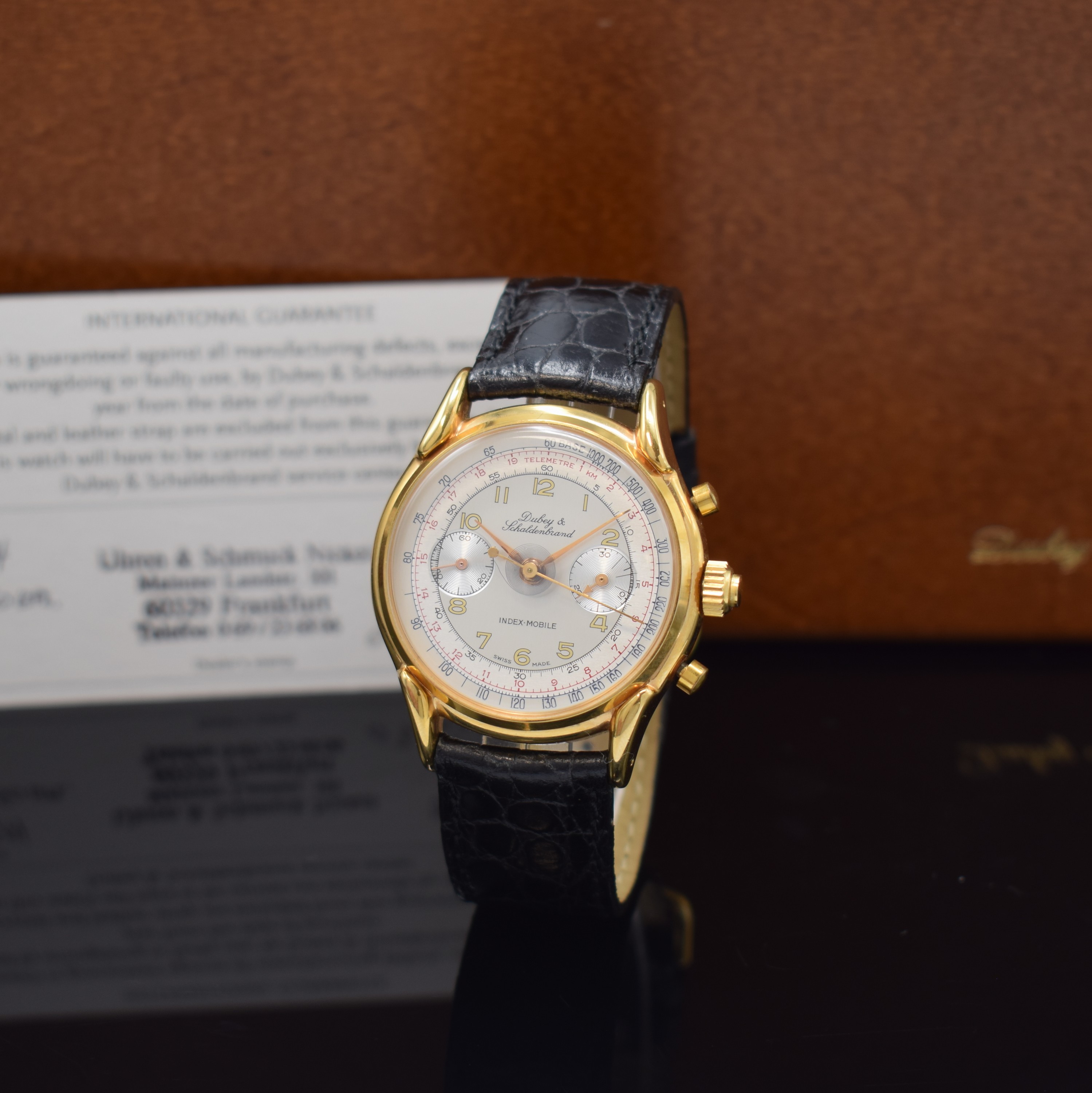 DUBEY & SCHALDENBRAND Index-Mobile Armbandchronograph mit Semi-Rattrapante, Schweiz lt. orig. Pap. verk. 1996, Handaufzug, verg. und beids. vergl. ...