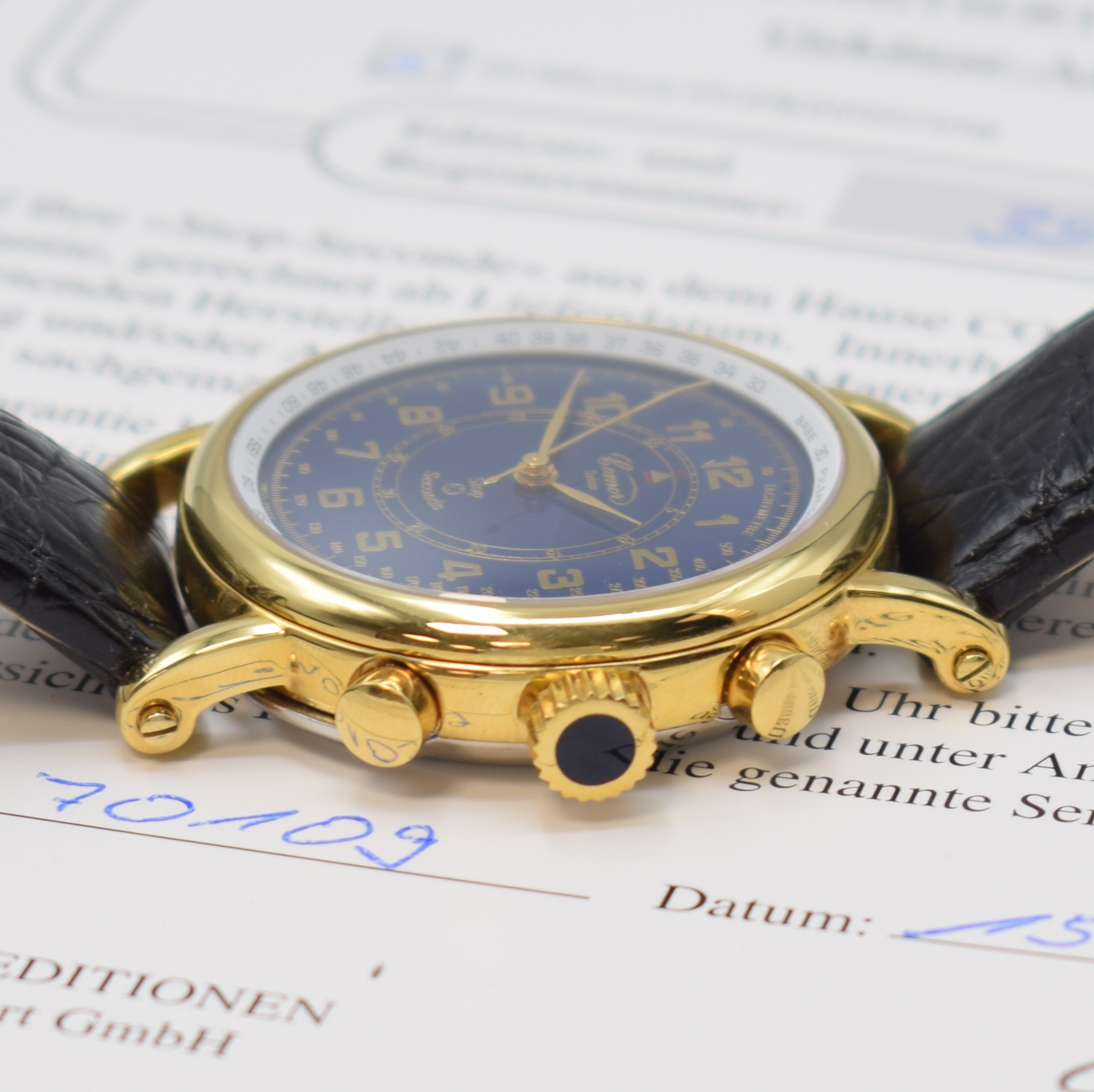 Detail b: COMOR Stop-Seconde Armbanduhr mit Flyback- Funktion, Schweiz lt. orig. Pap. verk. 2000, Handaufzug, vergold. Geh. m. Stahl Scharnier-boden, blaues ...