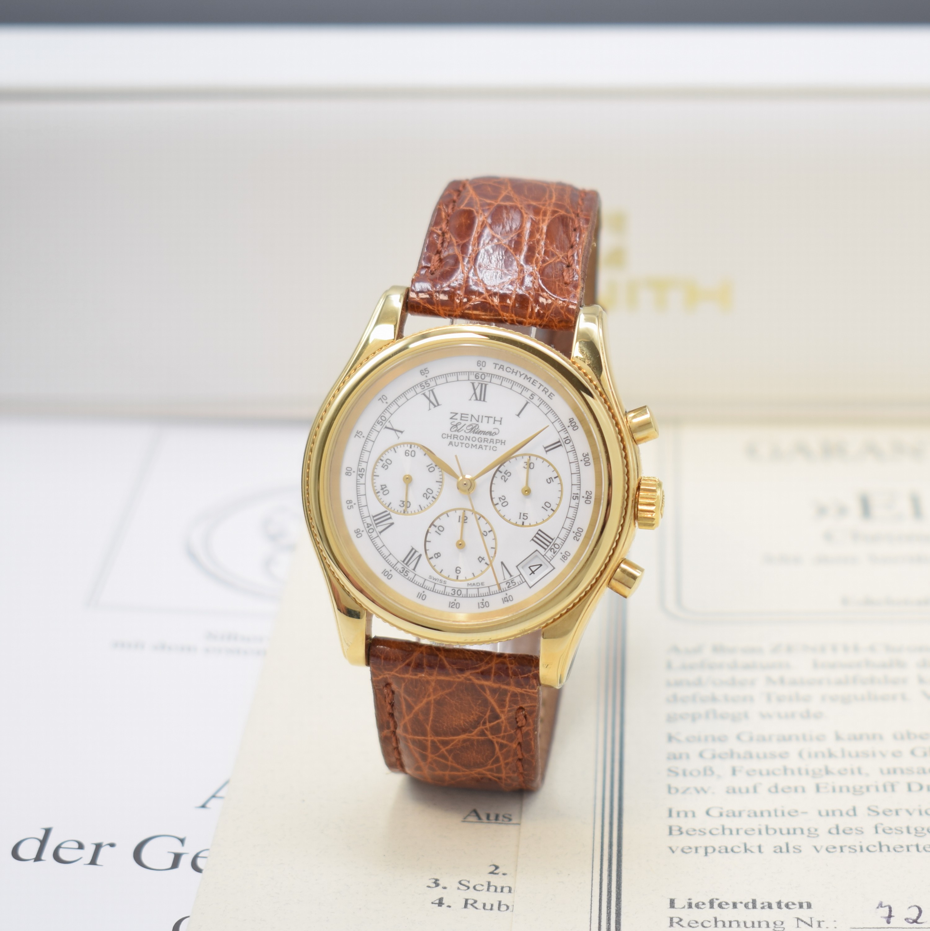 ZENITH El Primero Schaltradchronograph Referenz 20-0210.400, Schweiz um 1995, Automatik, verg. Geh. m. aufgedr. Stahlboden, weisses Zifferbl., gold. ...