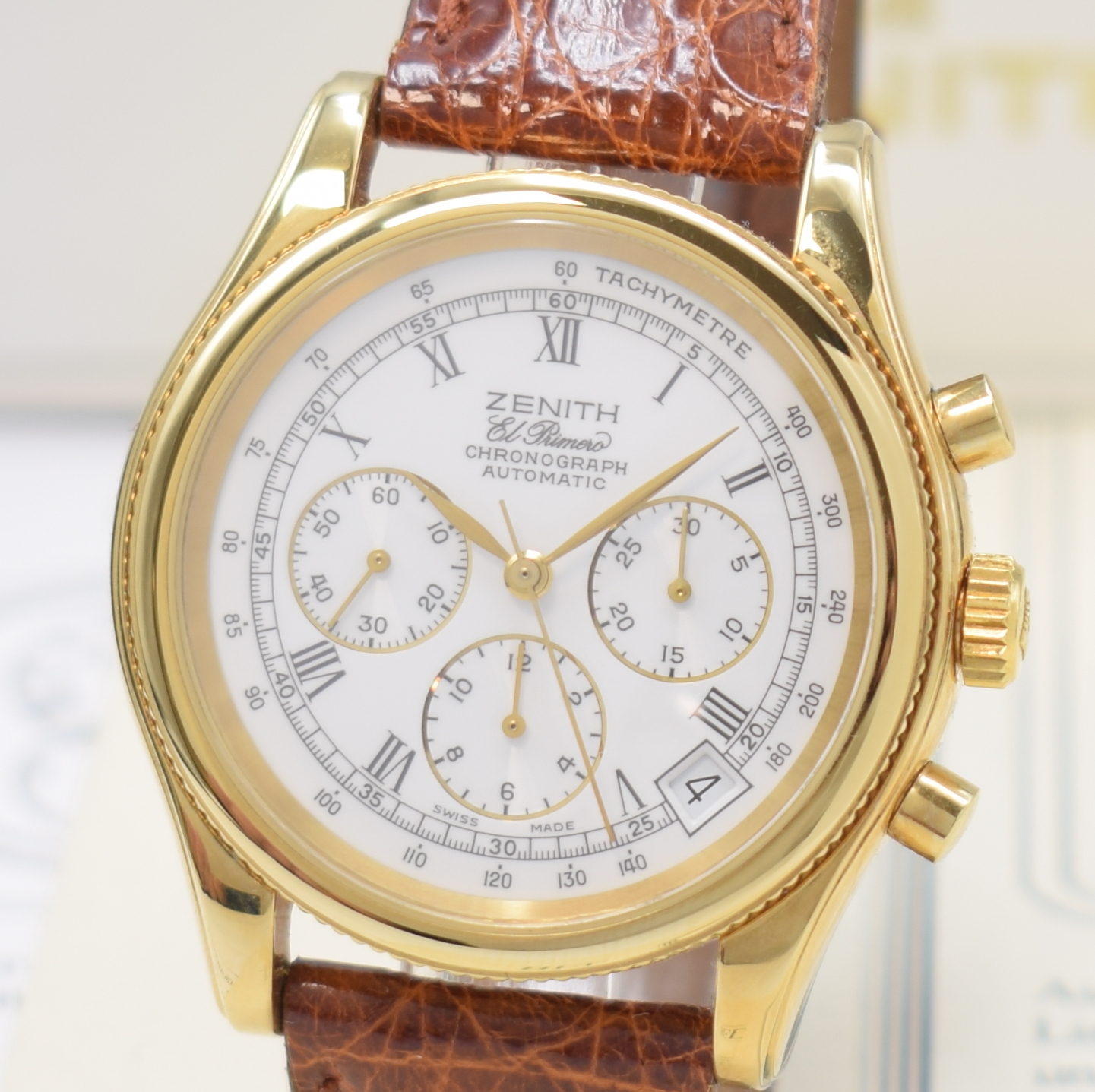 Detail a: ZENITH El Primero Schaltradchronograph Referenz 20-0210.400, Schweiz um 1995, Automatik, verg. Geh. m. aufgedr. Stahlboden, weisses Zifferbl., gold. ...