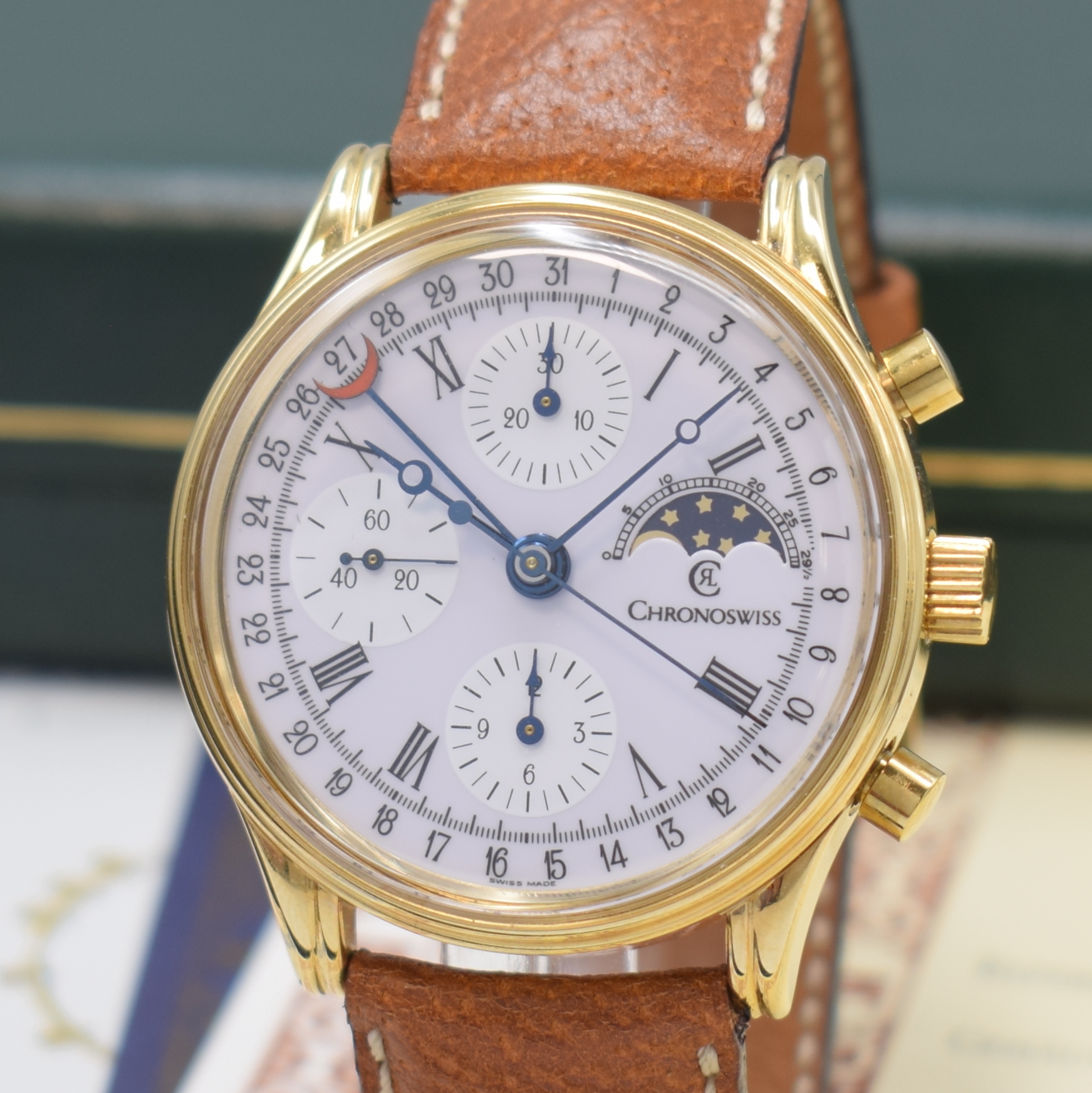 Detail a: CHRONOSWISS Armbandchronograph mit Mondphase und Datum Referenz CH77951EM, Schweiz um 1995, Automatik, verg. Geh., Stahlboden verschr., weisses ...