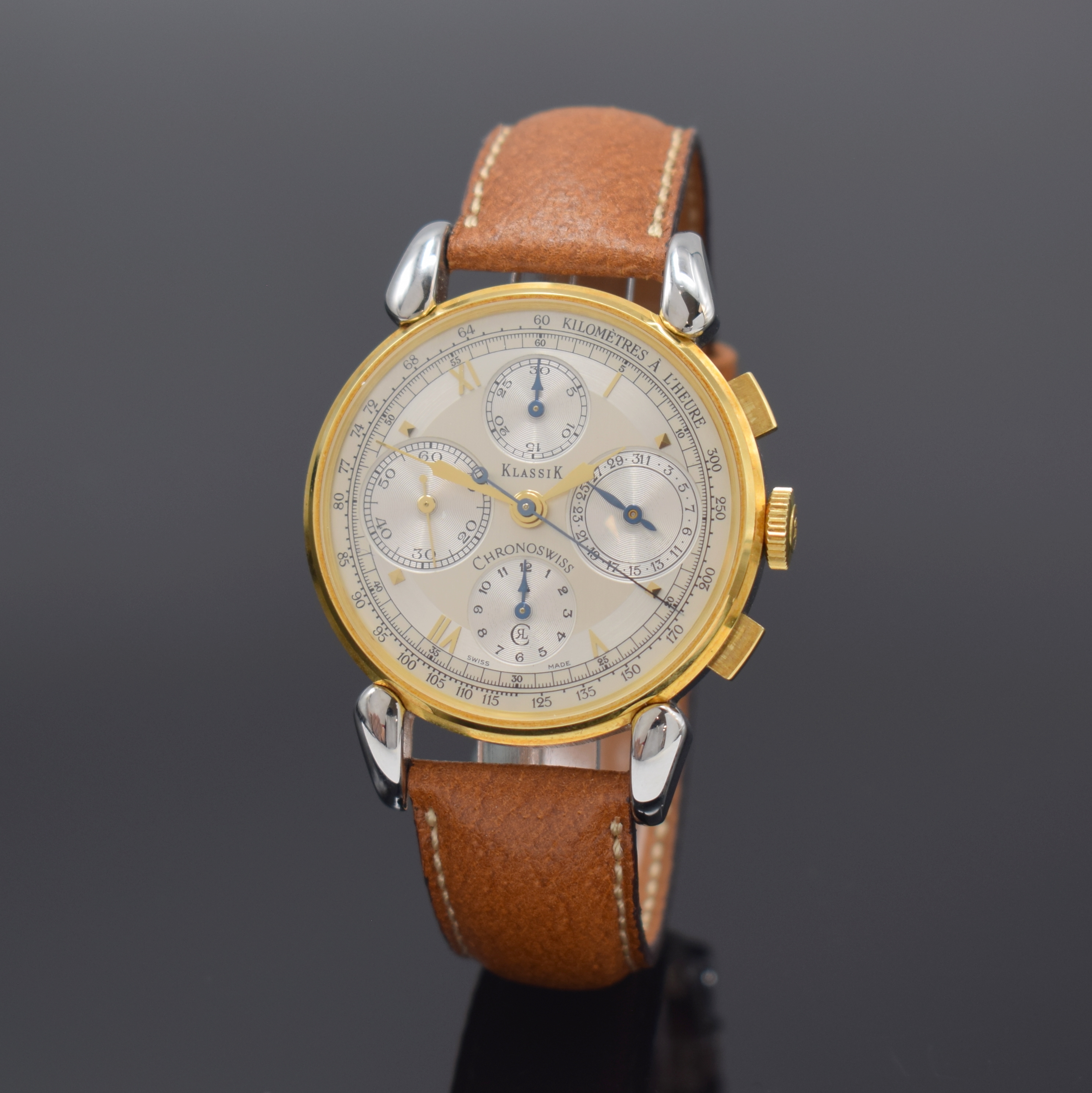 CHRONOSWISS Klassik Armbandchronograph in Stahl/Gold Referenz CH 7442, Schweiz um 2000, Automatik, 3-tlg. Geh. m. tropfenförm. Bandanstössen, Boden ...