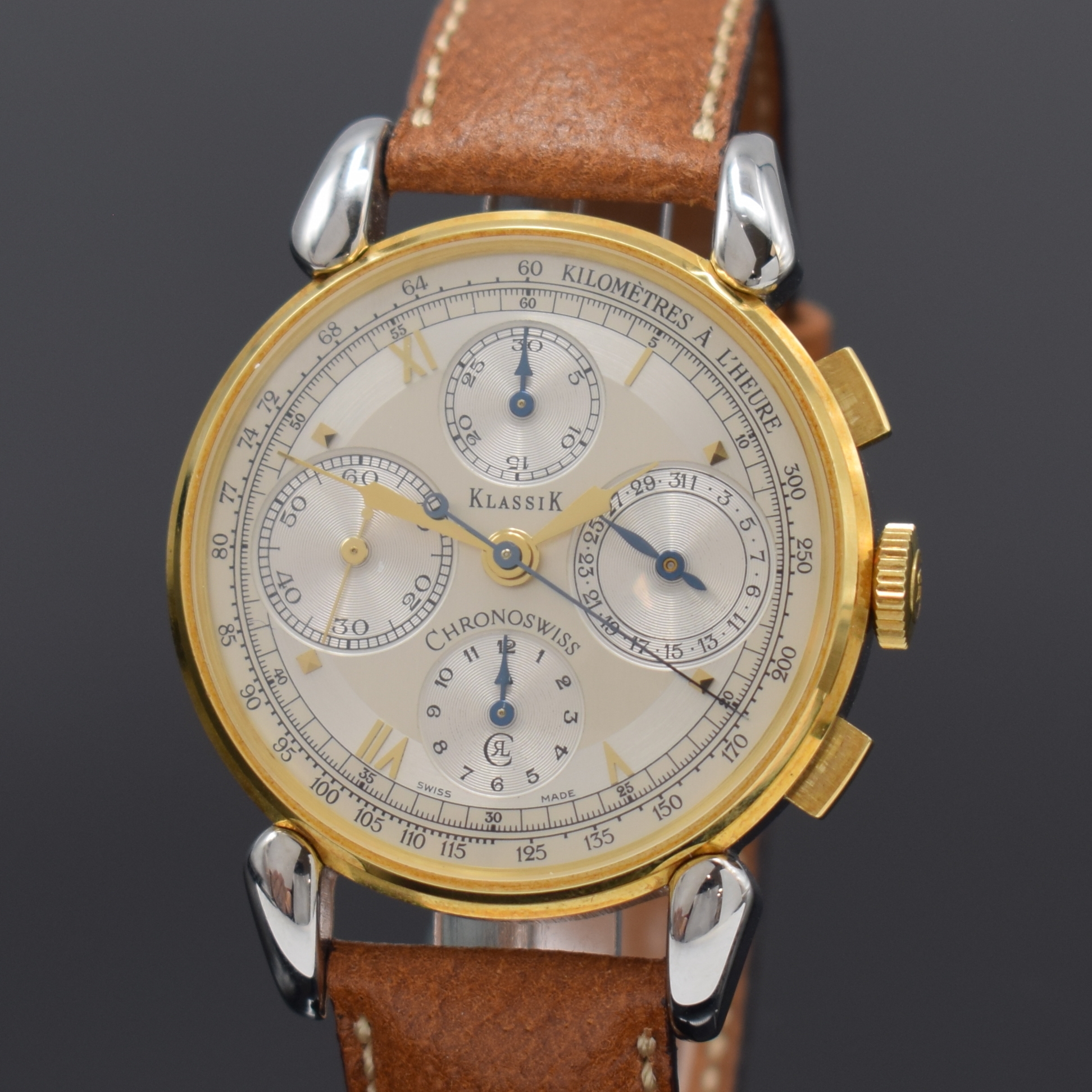 Detail a: CHRONOSWISS Klassik Armbandchronograph in Stahl/Gold Referenz CH 7442, Schweiz um 2000, Automatik, 3-tlg. Geh. m. tropfenförm. Bandanstössen, Boden ...