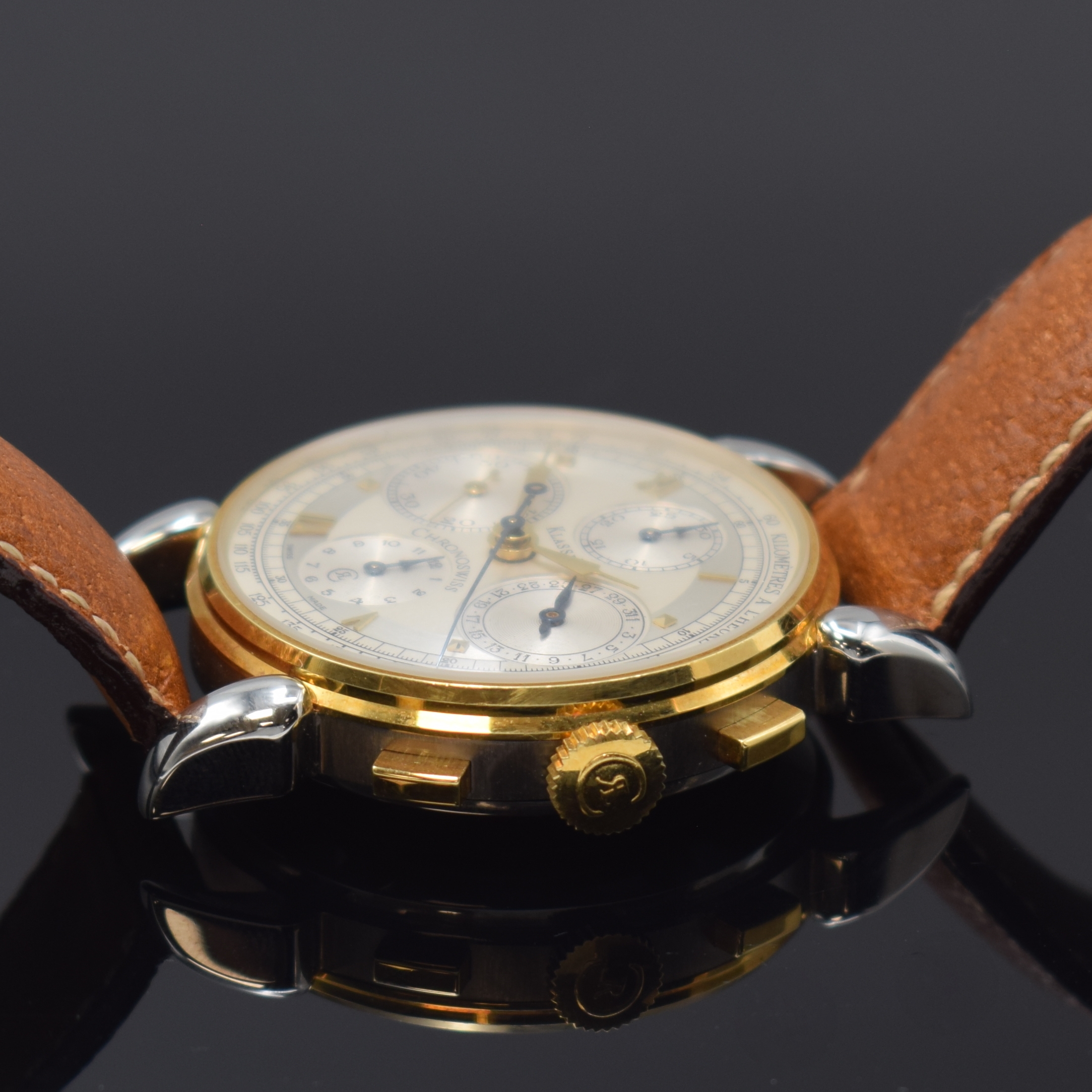 Detail c: CHRONOSWISS Klassik Armbandchronograph in Stahl/Gold Referenz CH 7442, Schweiz um 2000, Automatik, 3-tlg. Geh. m. tropfenförm. Bandanstössen, Boden ...