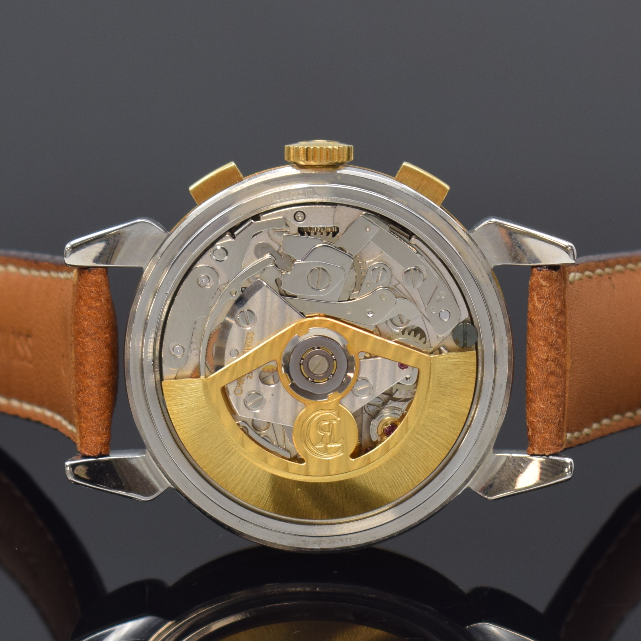 Detail e: CHRONOSWISS Klassik Armbandchronograph in Stahl/Gold Referenz CH 7442, Schweiz um 2000, Automatik, 3-tlg. Geh. m. tropfenförm. Bandanstössen, Boden ...