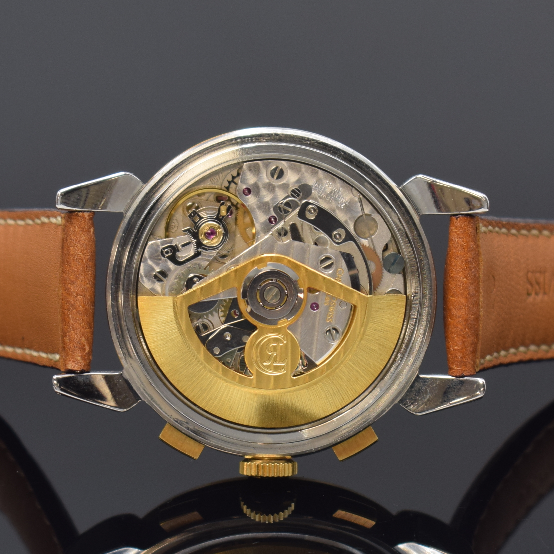 Detail f: CHRONOSWISS Klassik Armbandchronograph in Stahl/Gold Referenz CH 7442, Schweiz um 2000, Automatik, 3-tlg. Geh. m. tropfenförm. Bandanstössen, Boden ...