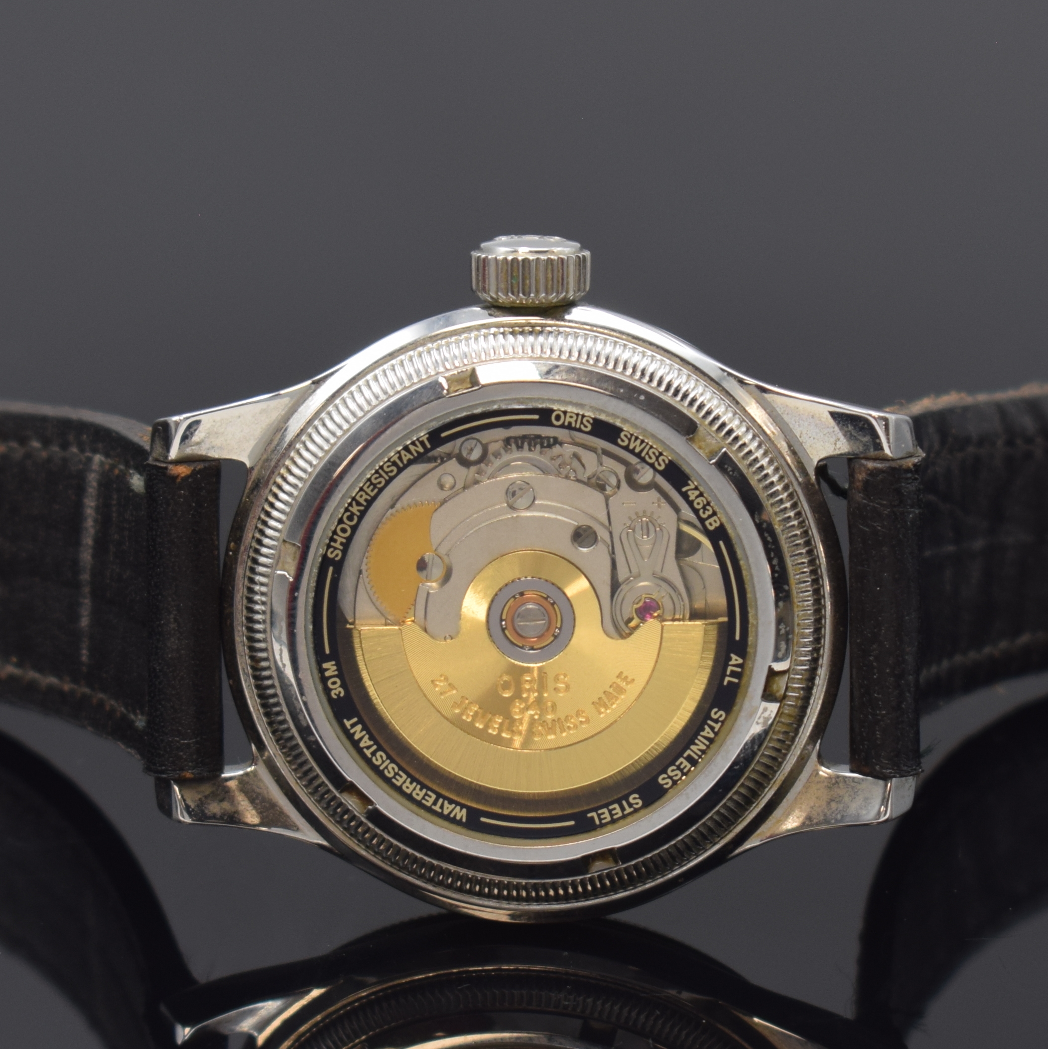 Detail c: ORIS Big Crown Pointer Date Armbanduhr Referenz 7463B in Stahl, Schweiz um 2000, Automatik, beids. vergl. Geh., Boden verschr., schwarz. Zifferbl., ...