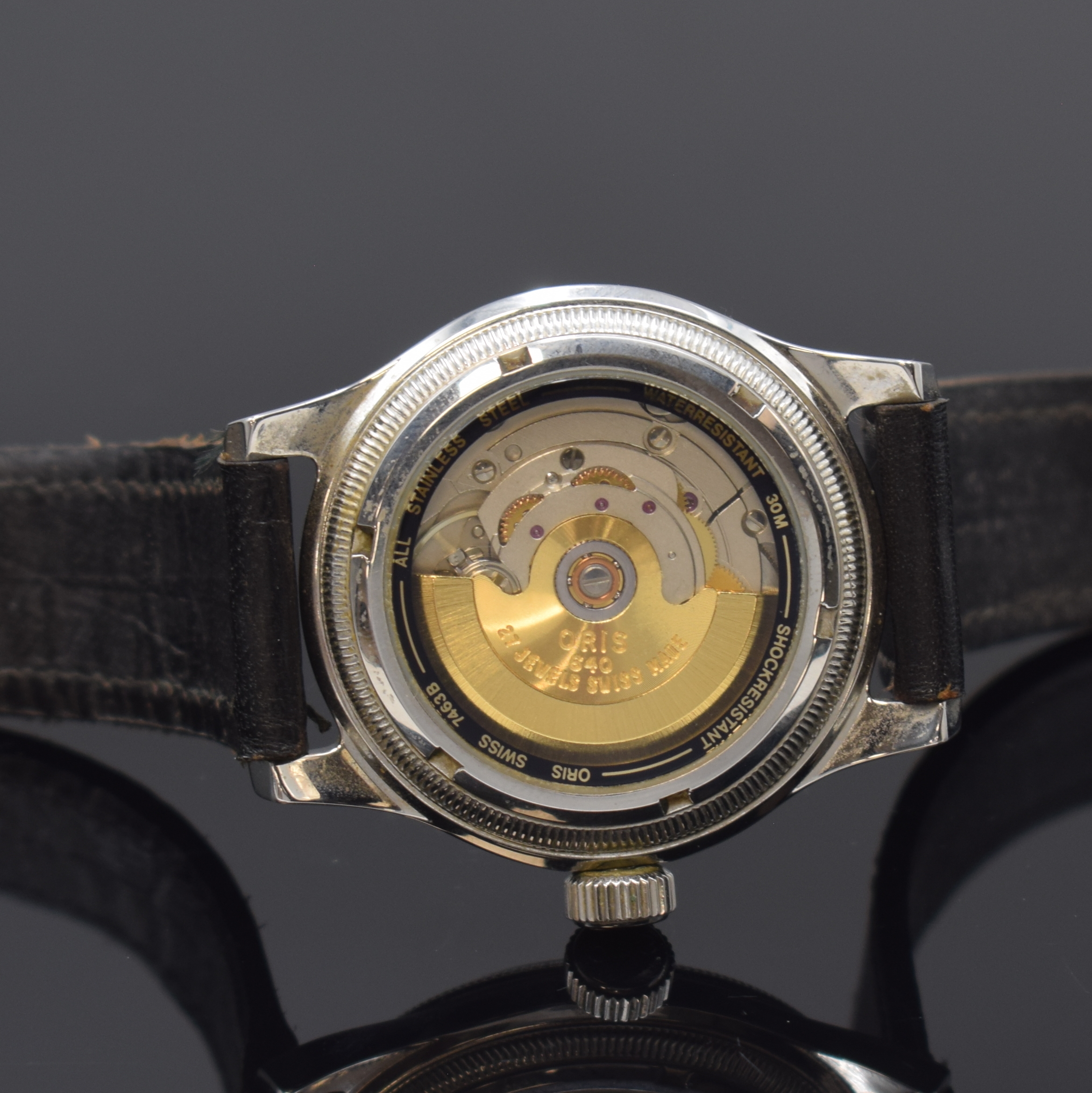 Detail d: ORIS Big Crown Pointer Date Armbanduhr Referenz 7463B in Stahl, Schweiz um 2000, Automatik, beids. vergl. Geh., Boden verschr., schwarz. Zifferbl., ...