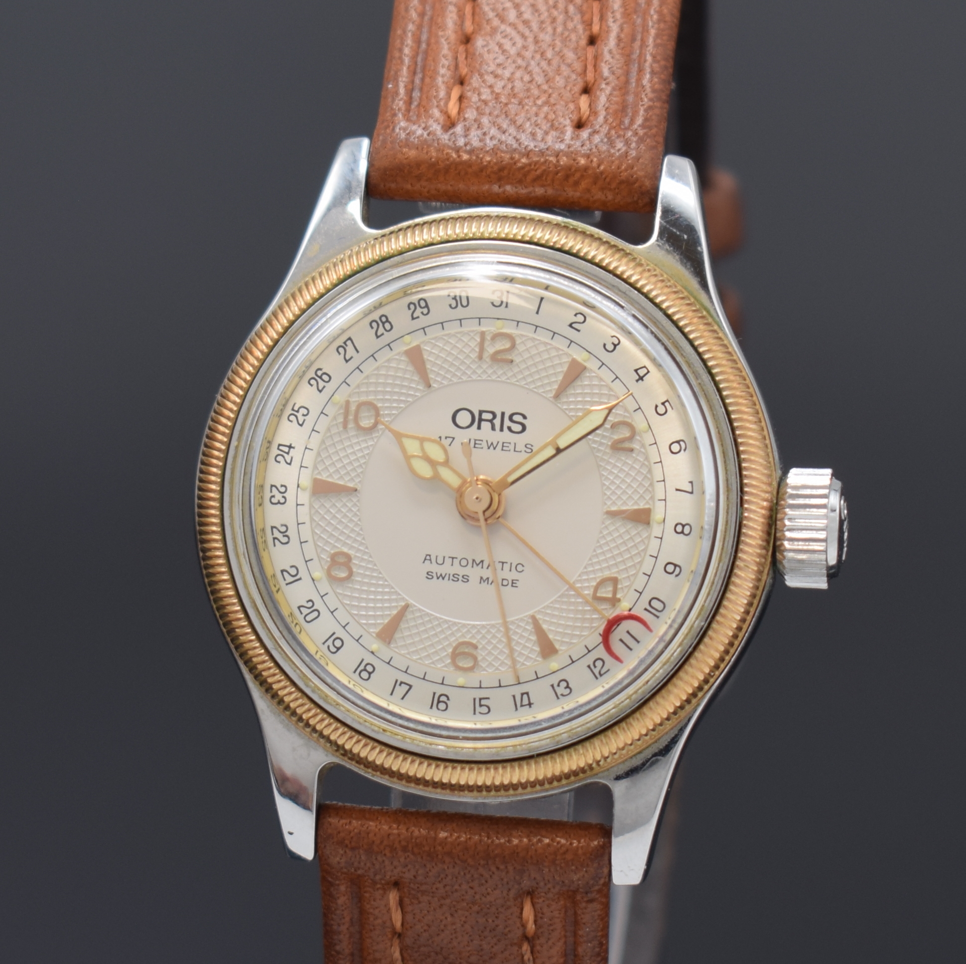 Detail a: ORIS Armbanduhr Big Crown Pointer Date Referenz 7400, Schweiz um 1995, Automatik, beids. vergl. Geh., Boden verschr., Lederband m. orig. Dornschl., ...