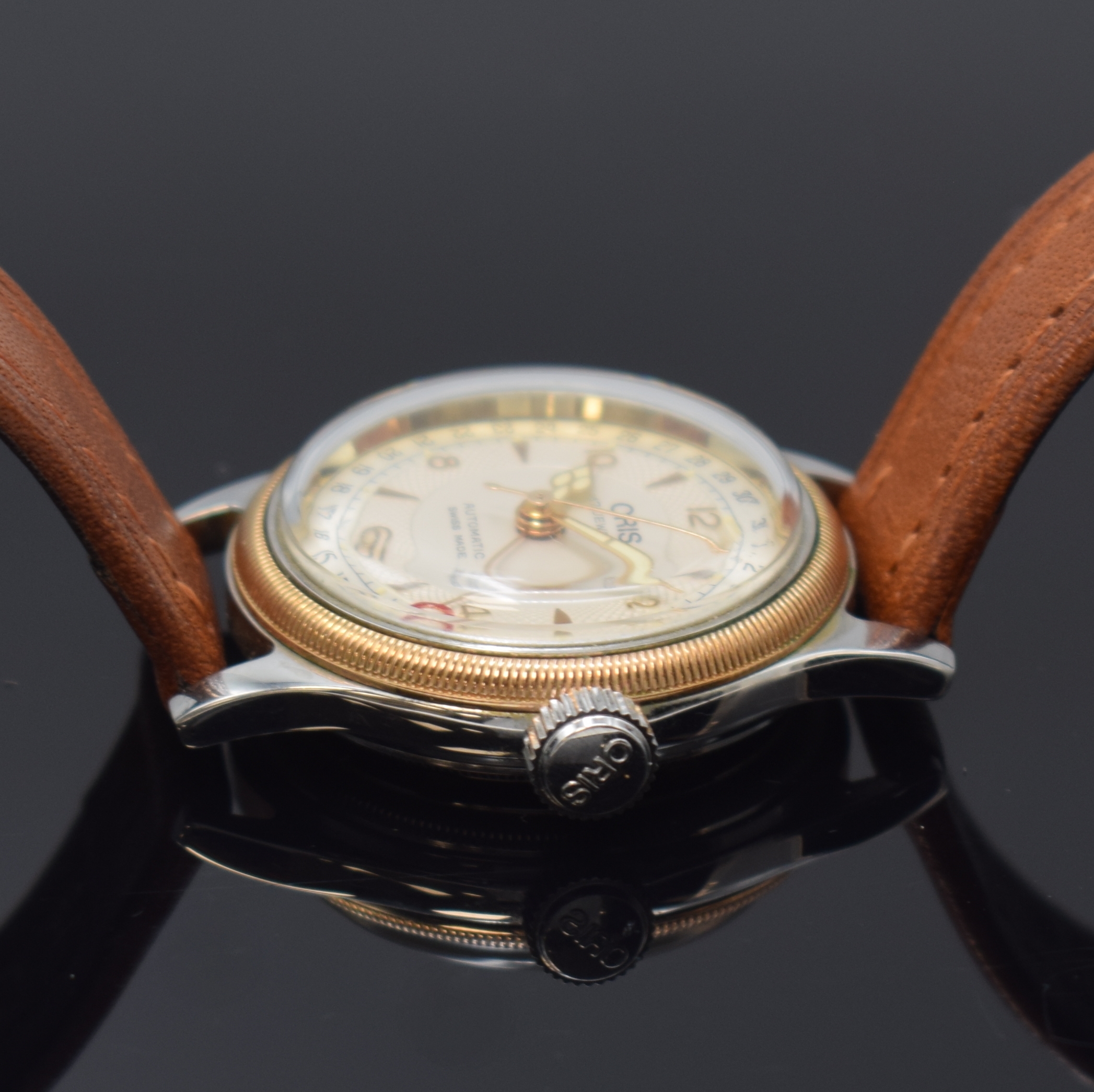 Detail c: ORIS Armbanduhr Big Crown Pointer Date Referenz 7400, Schweiz um 1995, Automatik, beids. vergl. Geh., Boden verschr., Lederband m. orig. Dornschl., ...