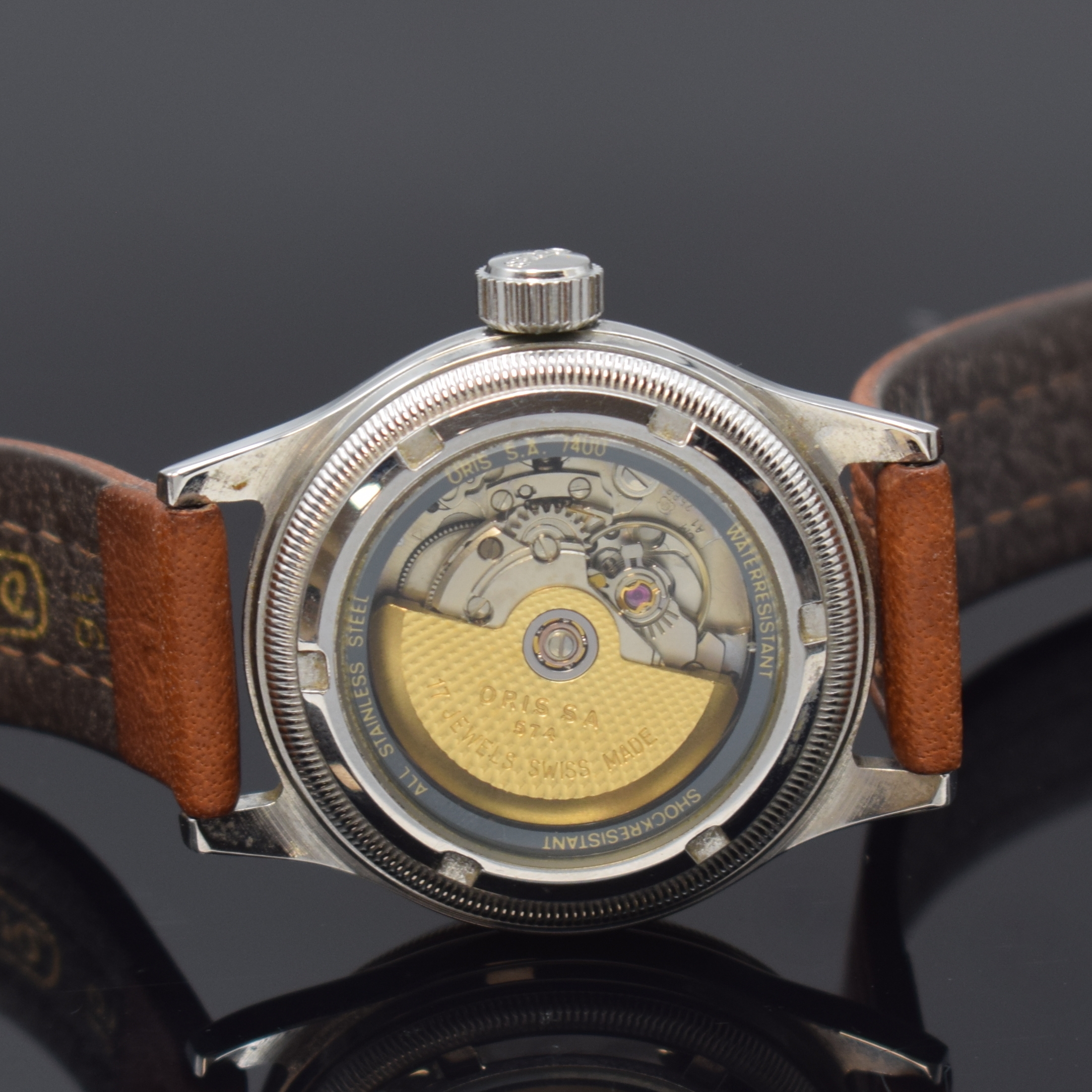 Detail d: ORIS Armbanduhr Big Crown Pointer Date Referenz 7400, Schweiz um 1995, Automatik, beids. vergl. Geh., Boden verschr., Lederband m. orig. Dornschl., ...