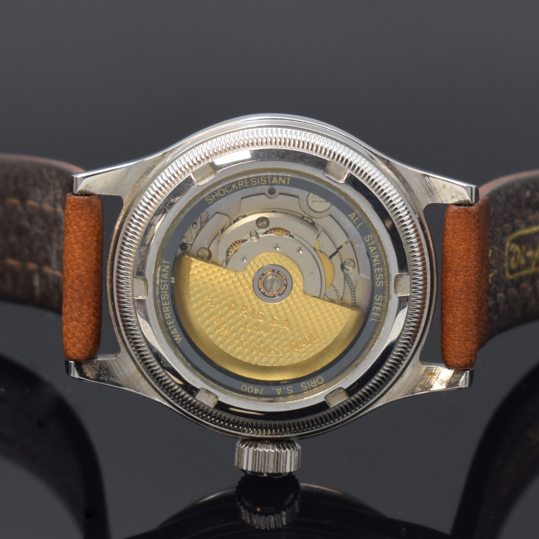 Detail e: ORIS Armbanduhr Big Crown Pointer Date Referenz 7400, Schweiz um 1995, Automatik, beids. vergl. Geh., Boden verschr., Lederband m. orig. Dornschl., ...