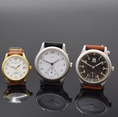 Image HEBE 3 nearly mint wristwatches, Switzerland around 2000, 2 x big, satin-finished steel ...