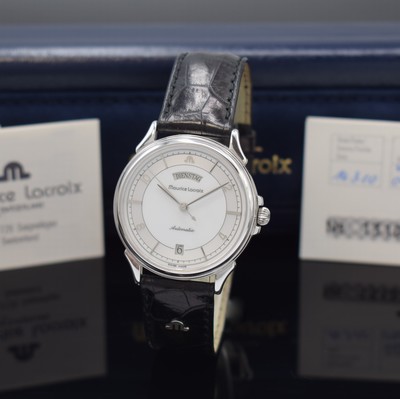 Image MAURICE LACROIX Armbanduhr mit Tag und Datum in Stahl, Schweiz lt. orig. Pap. verk. ...