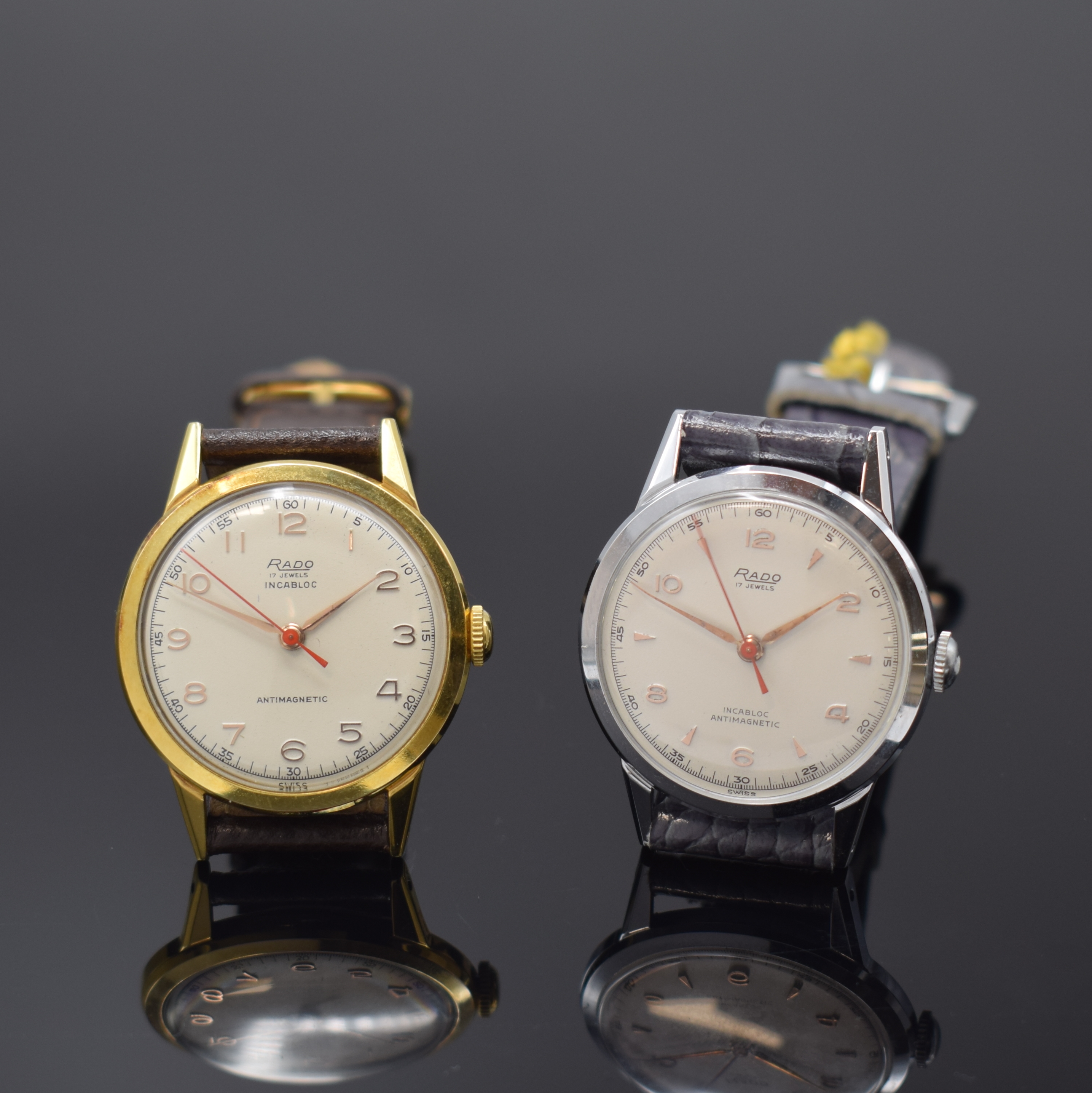 Konvolut: 2 RADO Herrenarmbanduhren Referenz GR1253, Schweiz um 1949, beide Metallgeh., Edelstahlböden aufgedr., 1x hartverg., 1x hartverchr., ...
