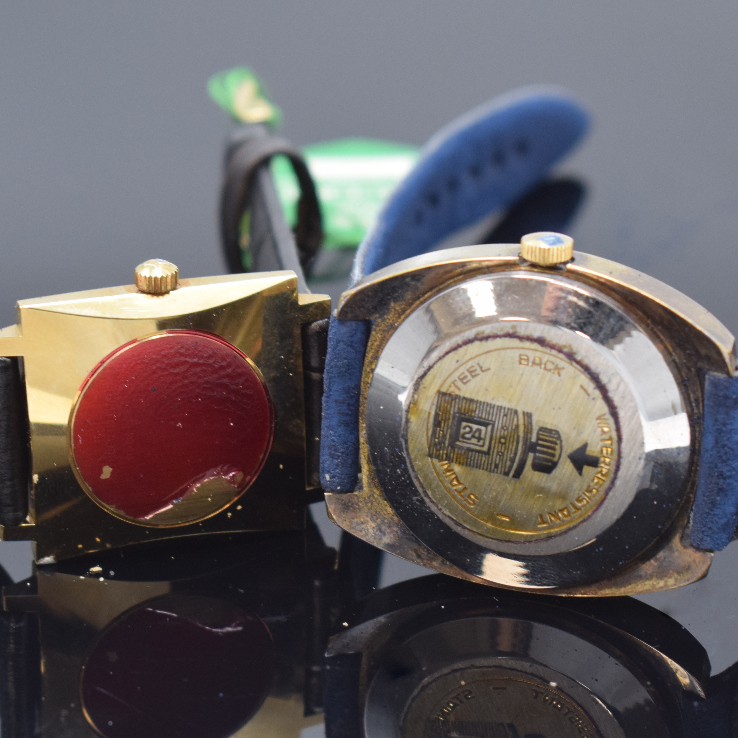 Detail d: Konvolut: 5 vergoldete Armbanduhren, 4 x Automatik, 1.) Aristo mit Tag und Datum, Boden aufgedr., 25 St., Kal. PUW 1564, D. ca. 36 mm, 2.) EZA mit ...