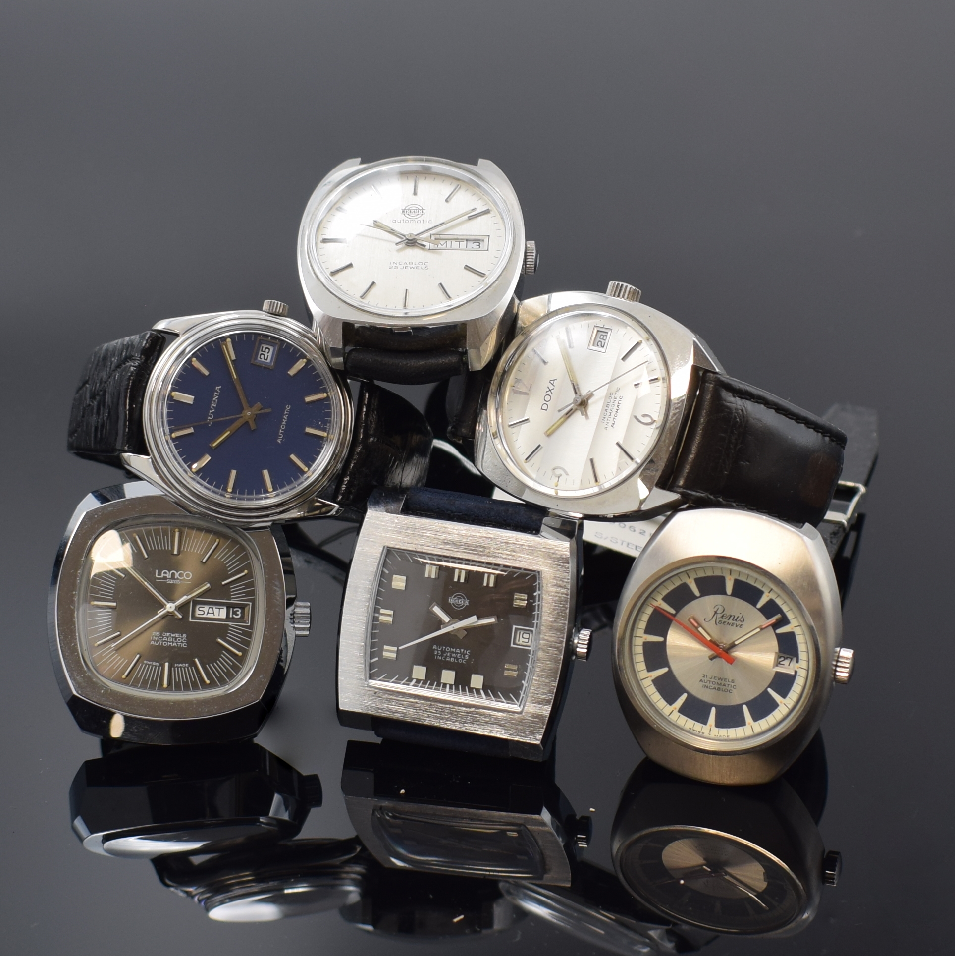 Konvolut: 6 Armbanduhren, alle Automatik, 4 x Edelstahl, 2 x verchromt, 1.) Juvenia mit Datum, Referenz 9062R, blaues Zifferbl., Boden verschr., ...