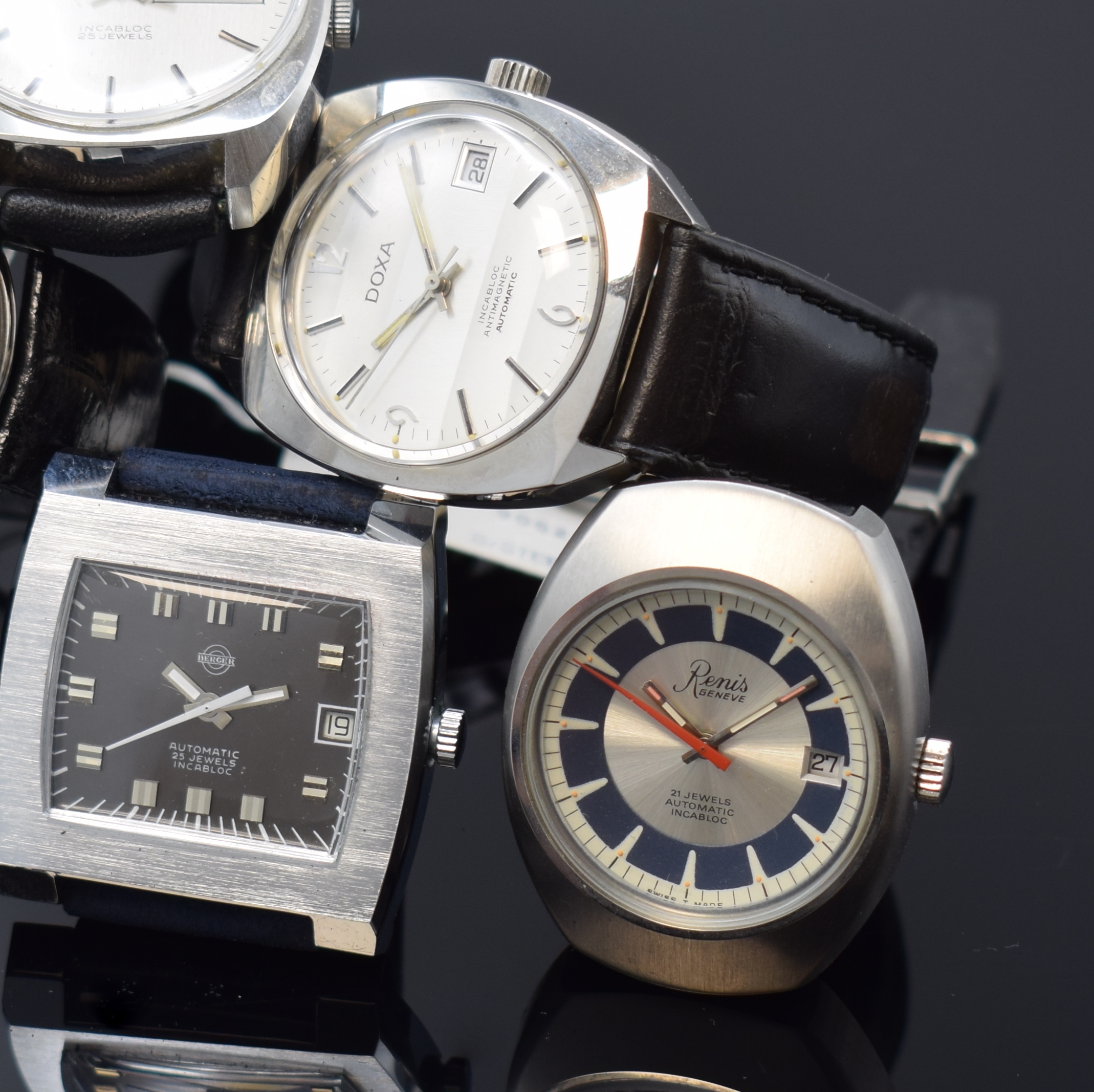 Detail a: Konvolut: 6 Armbanduhren, alle Automatik, 4 x Edelstahl, 2 x verchromt, 1.) Juvenia mit Datum, Referenz 9062R, blaues Zifferbl., Boden verschr., ...