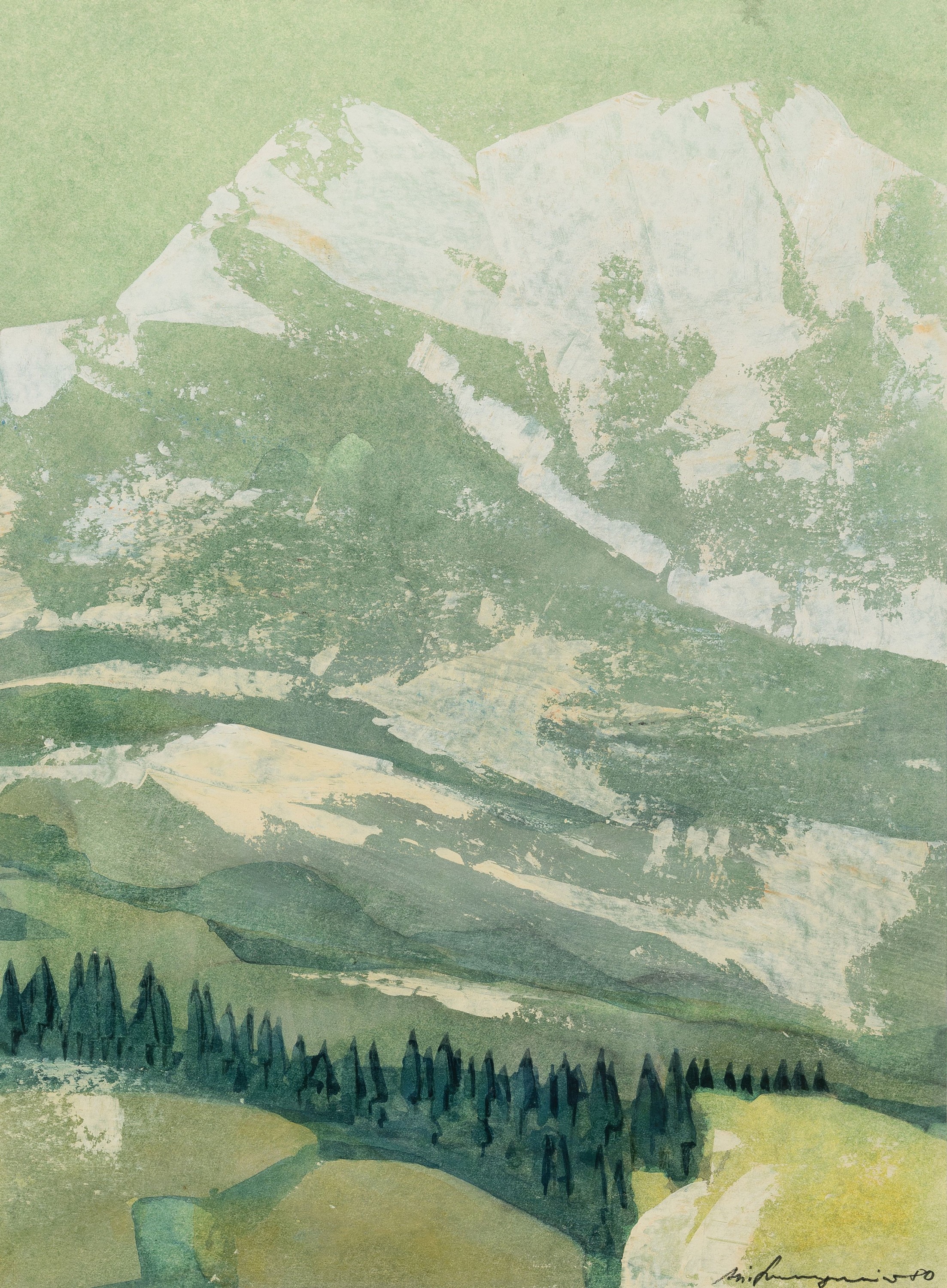Detail b: Michael Schwarzmeier, geb. 1920 Augsburg, 2 Aquarelle: Gebirgslandschaft, Aquarell in Grüntönen, sign. und dat. 80, ca. 38x28cm, PP, u.Gl., R. ca. ...