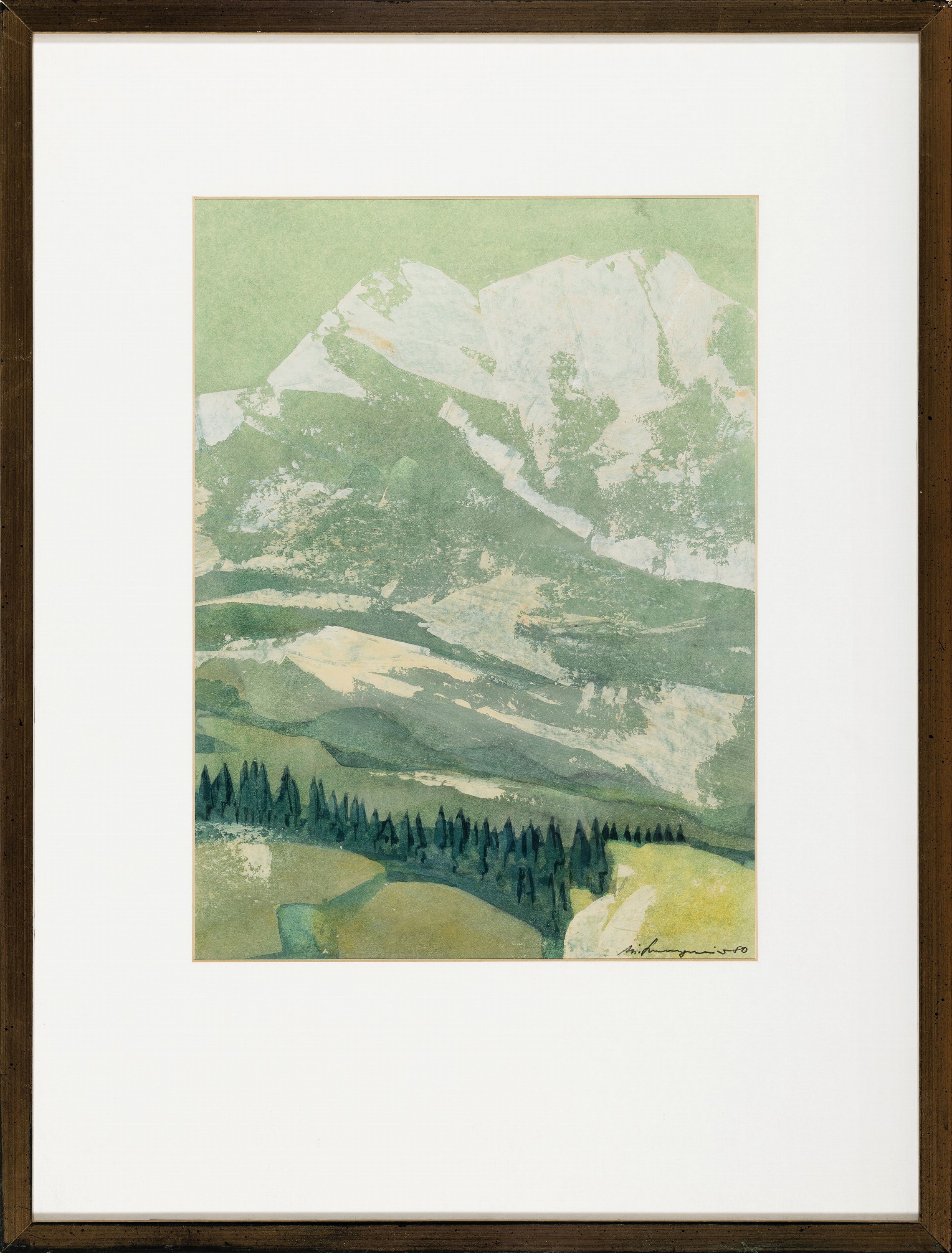 Detail m: Michael Schwarzmeier, geb. 1920 Augsburg, 2 Aquarelle: Gebirgslandschaft, Aquarell in Grüntönen, sign. und dat. 80, ca. 38x28cm, PP, u.Gl., R. ca. ...