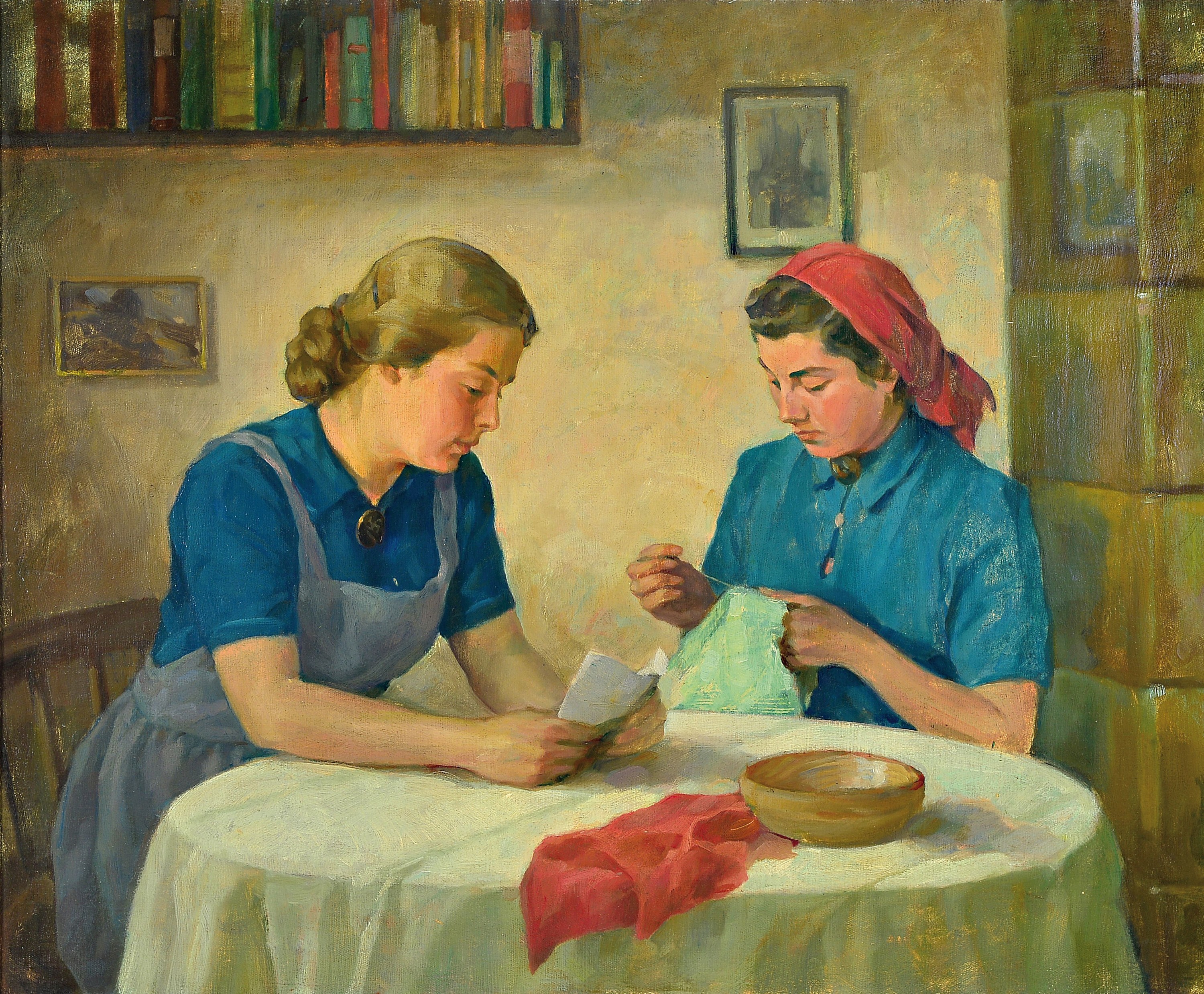 Unbekannter Künstler, deutsch, um 1940, Interieur mit 2 jungen Frau am Tisch, Öl/Lwd, unsign., ca. 61x74cm