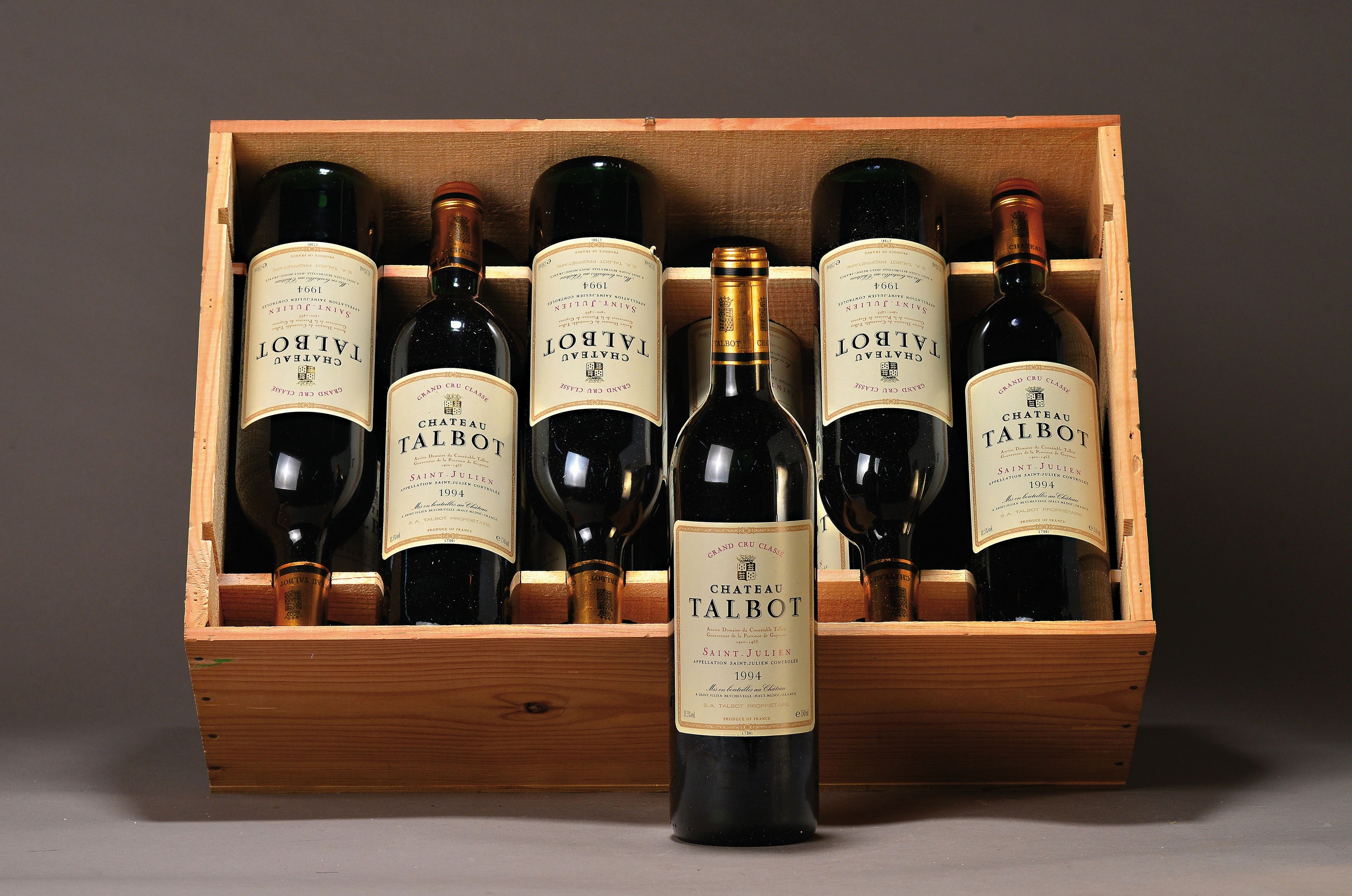 12 Flaschen 1994 Chateau Talbot, Grand Cru Classe, Saint-Julien, je ca. 75cl, 12,5%Vol., high fill, in orig. Holzkiste