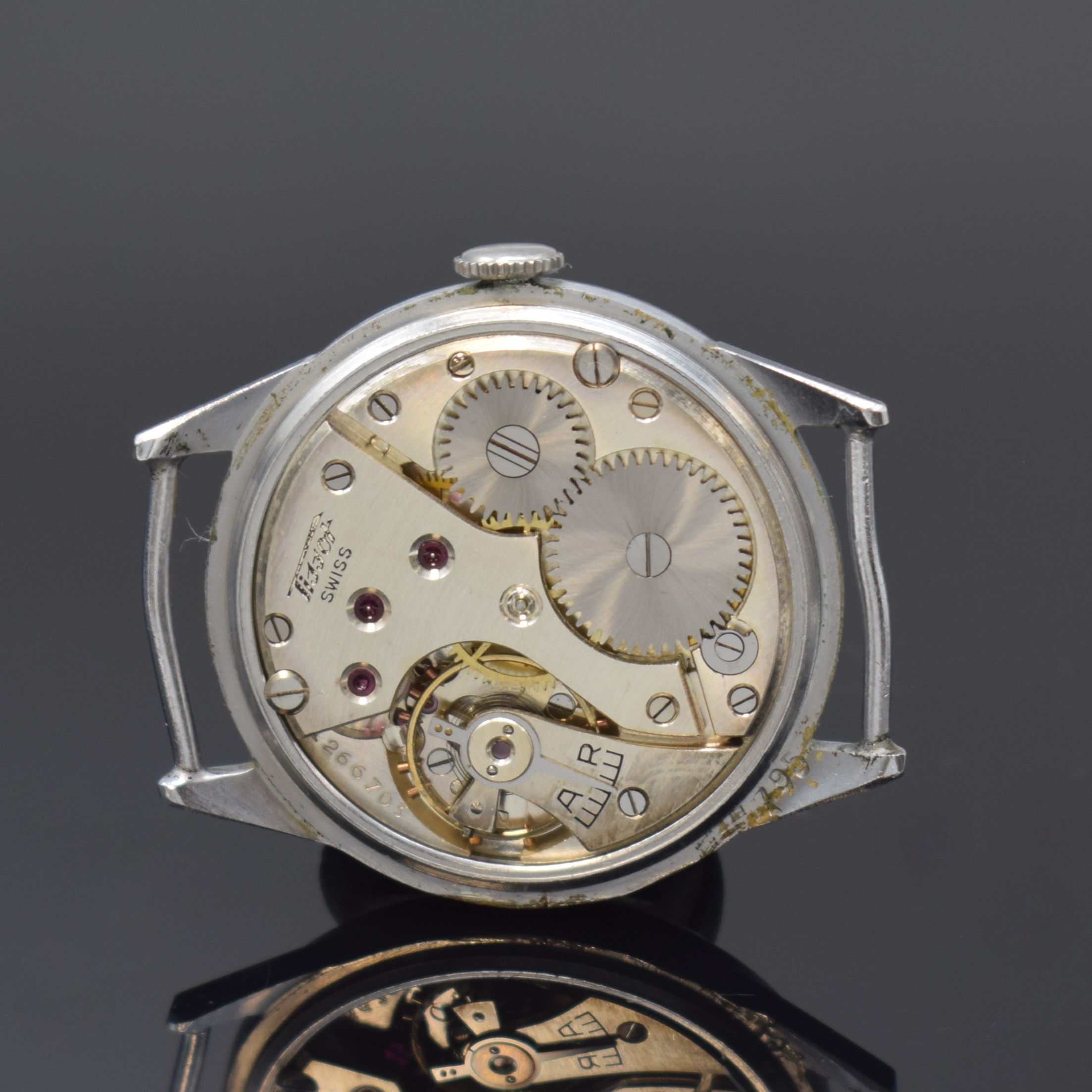 Detail c: TISSOT Antimagnetique Herrenarmbanduhr, Schweiz um 1942, Handaufzug, verchr. Geh., Edelstahlboden und Glasrand aufgedr., feste Bandanst., ...
