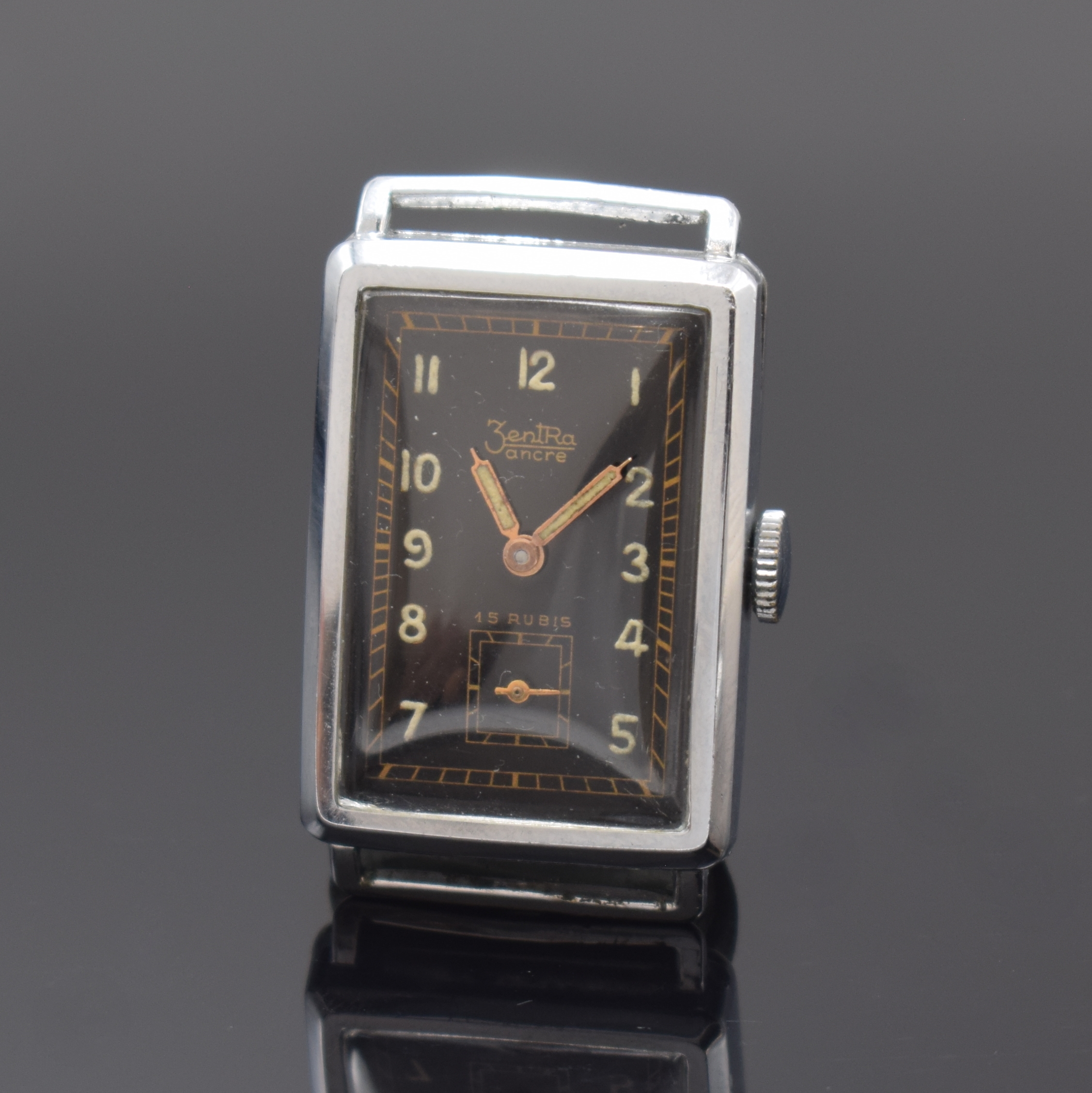 ZENTRA Armbanduhr, Handaufzug, Deutschland 1930er Jahre, verchr. Geh., Edelstahlboden aufgedr., schwarzes Glanz-Zifferbl., feste Bandanst., kl. Sek. ...
