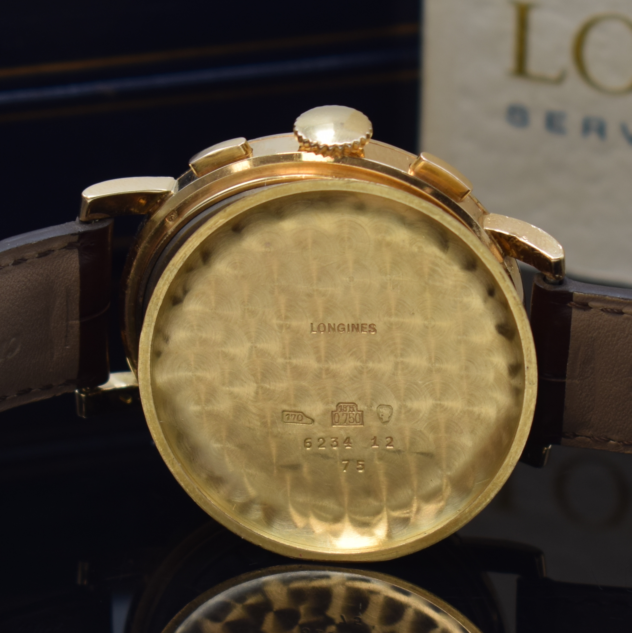 Detail f: LONGINES seltene Herrenarmbanduhr mit Flyback-Chronograph in Rosegold 750/000 Referenz 6234, Schweiz um 1955, Handaufzug, 3-teil. Geh. dell., Boden ...
