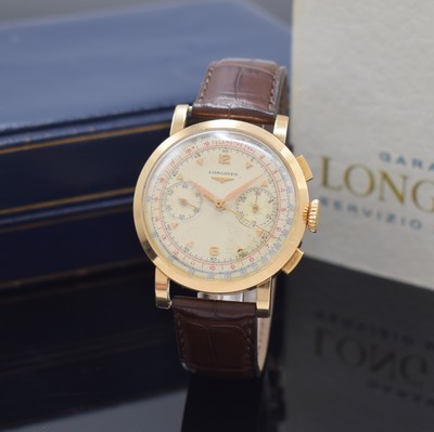 Image LONGINES rare 18k rosegold gents wristwatch with flyback-chronograph reference 6234, ...