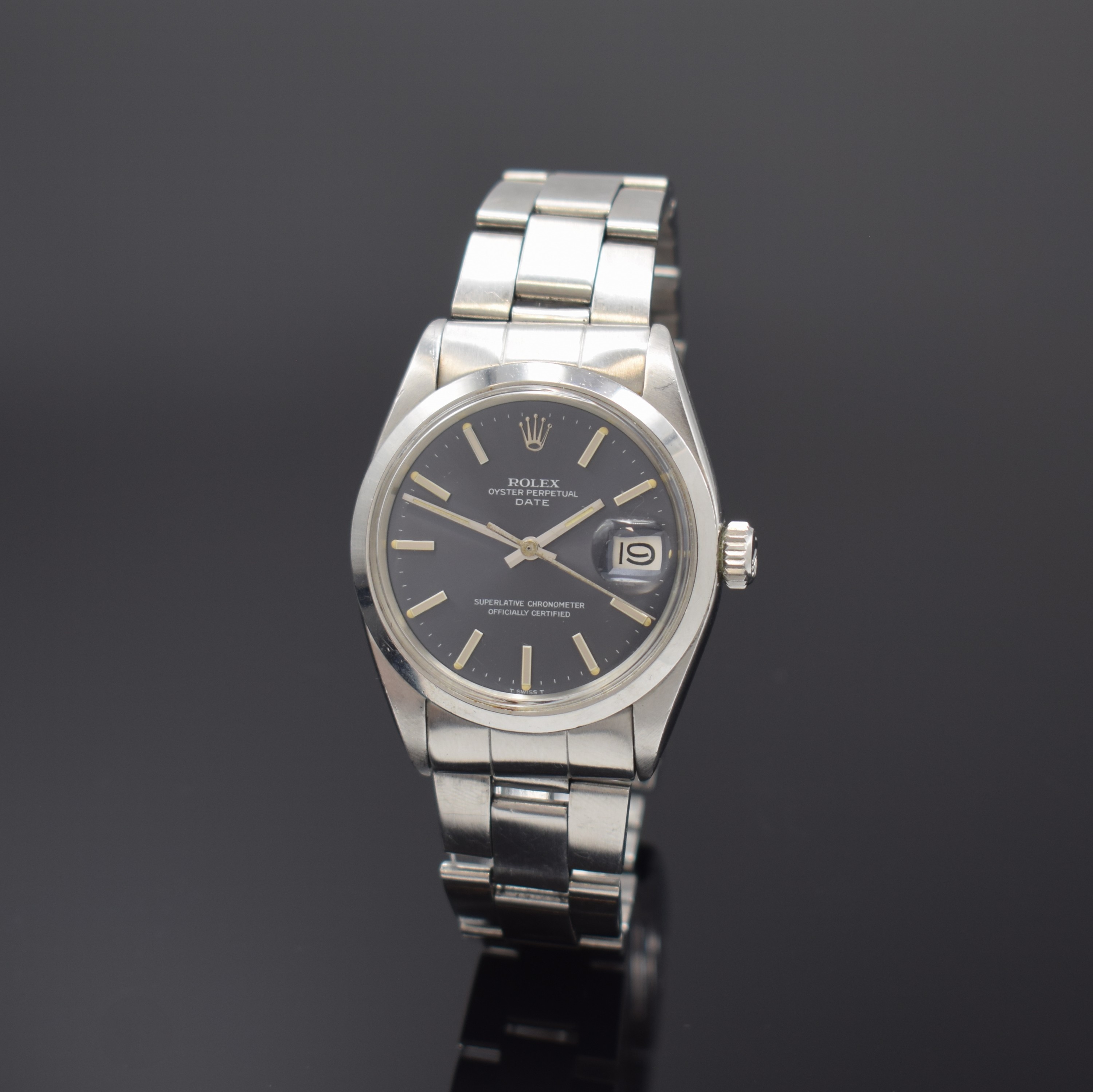 ROLEX Herrenarmbanduhr Oyster Perpetual Date Referenz 1500, Automatik, Schweiz lt. Boden-stempel 2. Quartal 1971, Edelstahlgeh. inkl. gefaltetem ...