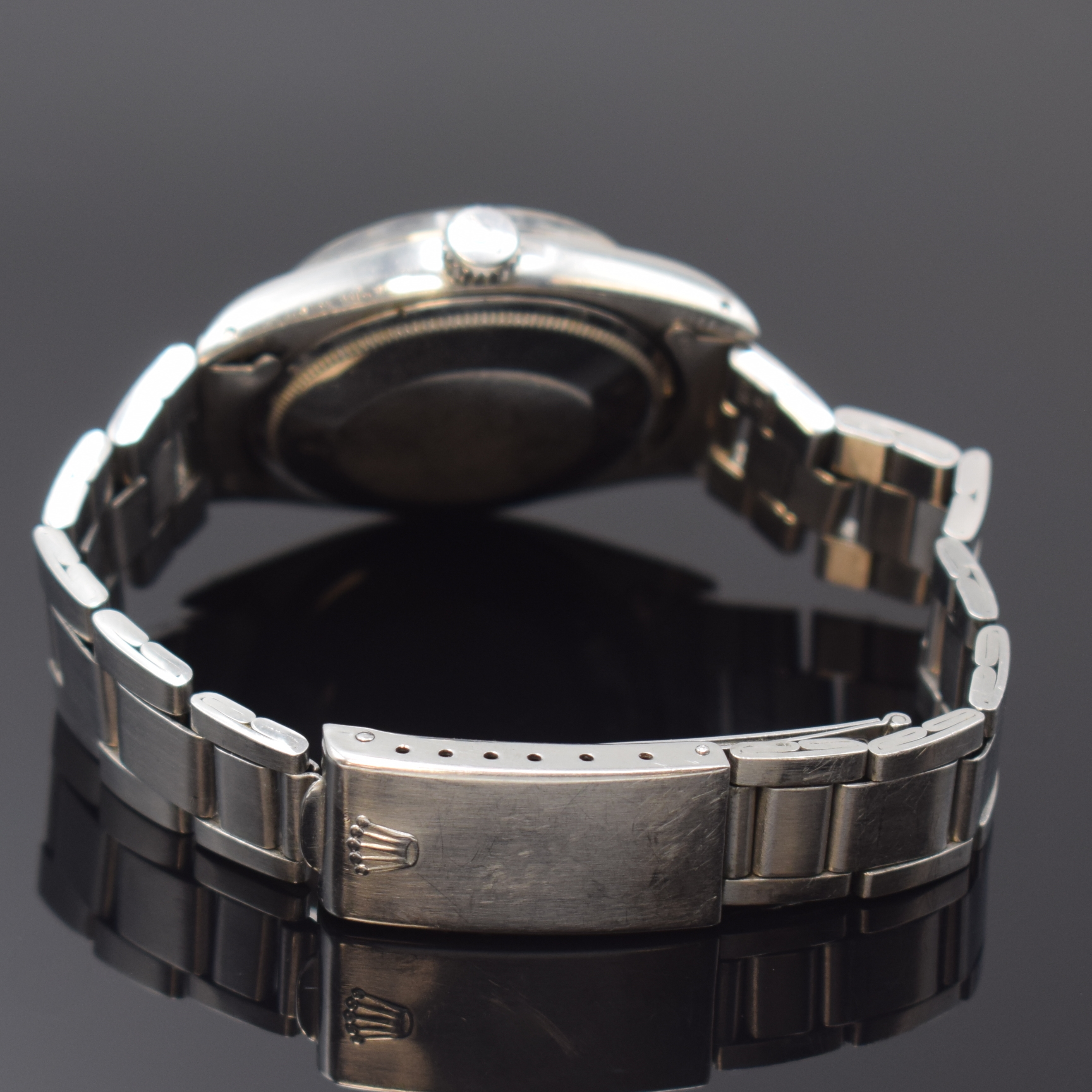 Detail b: ROLEX Herrenarmbanduhr Oyster Perpetual Date Referenz 1500, Automatik, Schweiz lt. Boden-stempel 2. Quartal 1971, Edelstahlgeh. inkl. gefaltetem ...
